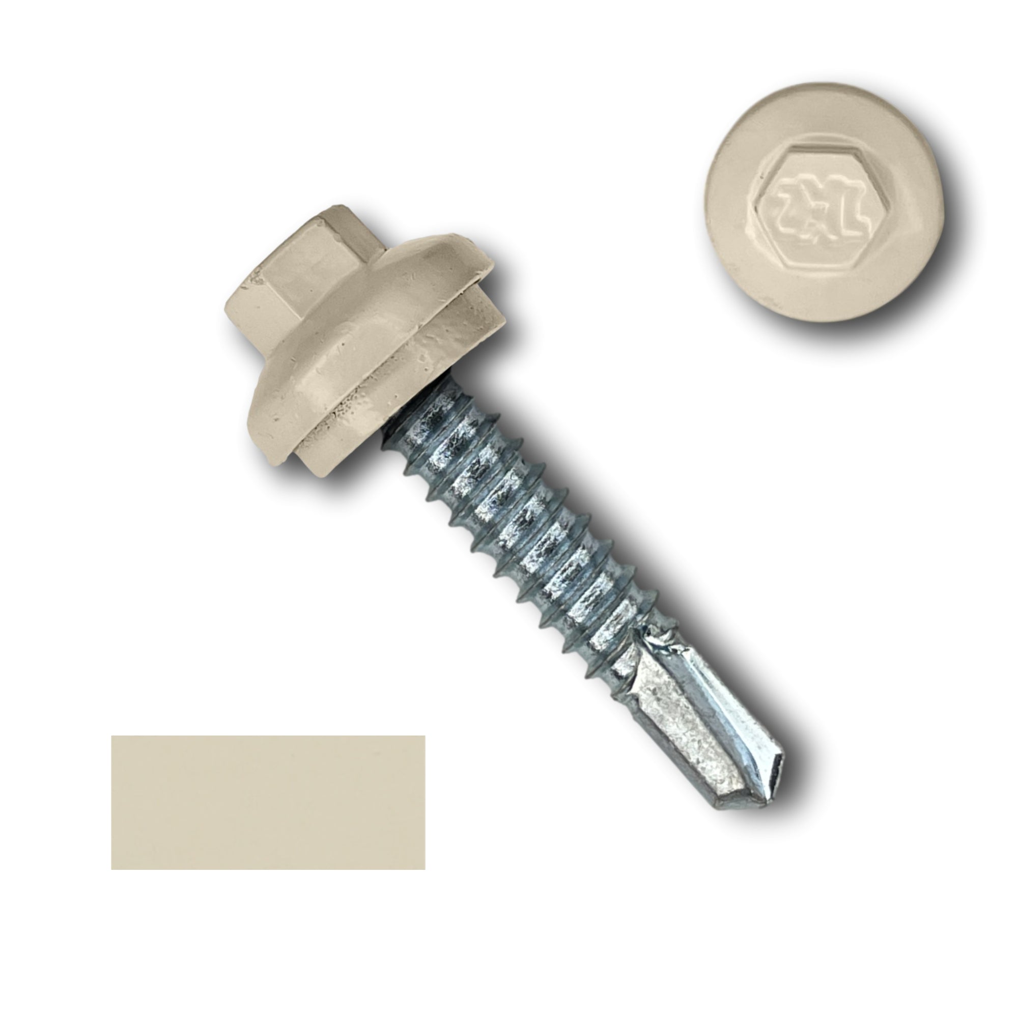 A number 14 Diameter Metal Roofing Screw that is 1.25 inches long with a 5/16 inch Hex Head and an EPDM Rubber Washer. The screw features a Dome Cap that covers the washer and a self-drilling tip for drilling into steel purlins. There is a color swatch of the screw head in the bottom left corner and a close-up of the screw head in the top right corner. The screw head is Lightstone in color. 