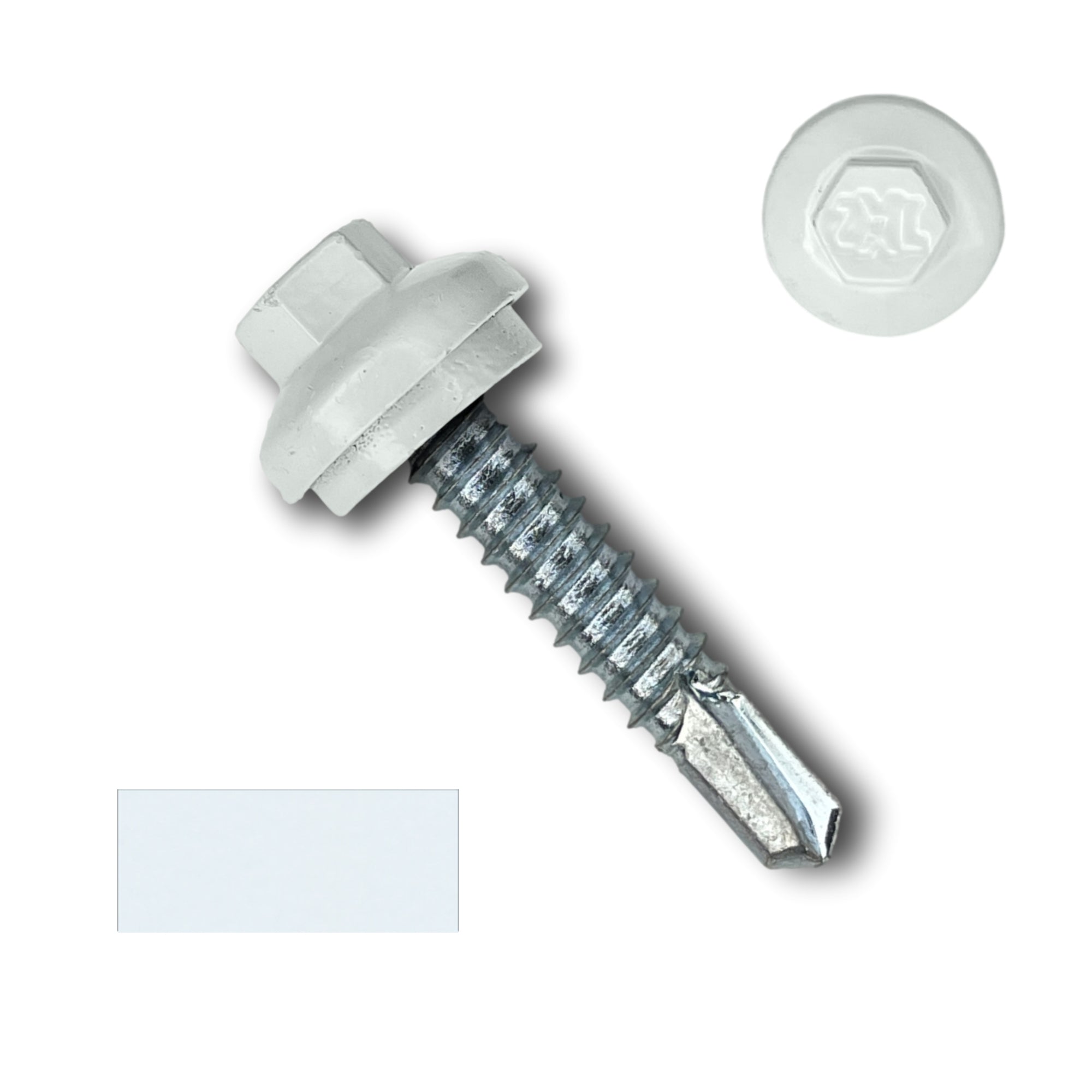 A number 14 Diameter Metal Roofing Screw that is 1.25 inches long with a 5/16 inch Hex Head and an EPDM Rubber Washer. The screw features a Dome Cap that covers the washer and a self-drilling tip for drilling into steel purlins. There is a color swatch of the screw head in the bottom left corner and a close-up of the screw head in the top right corner. The screw head is White in color. 