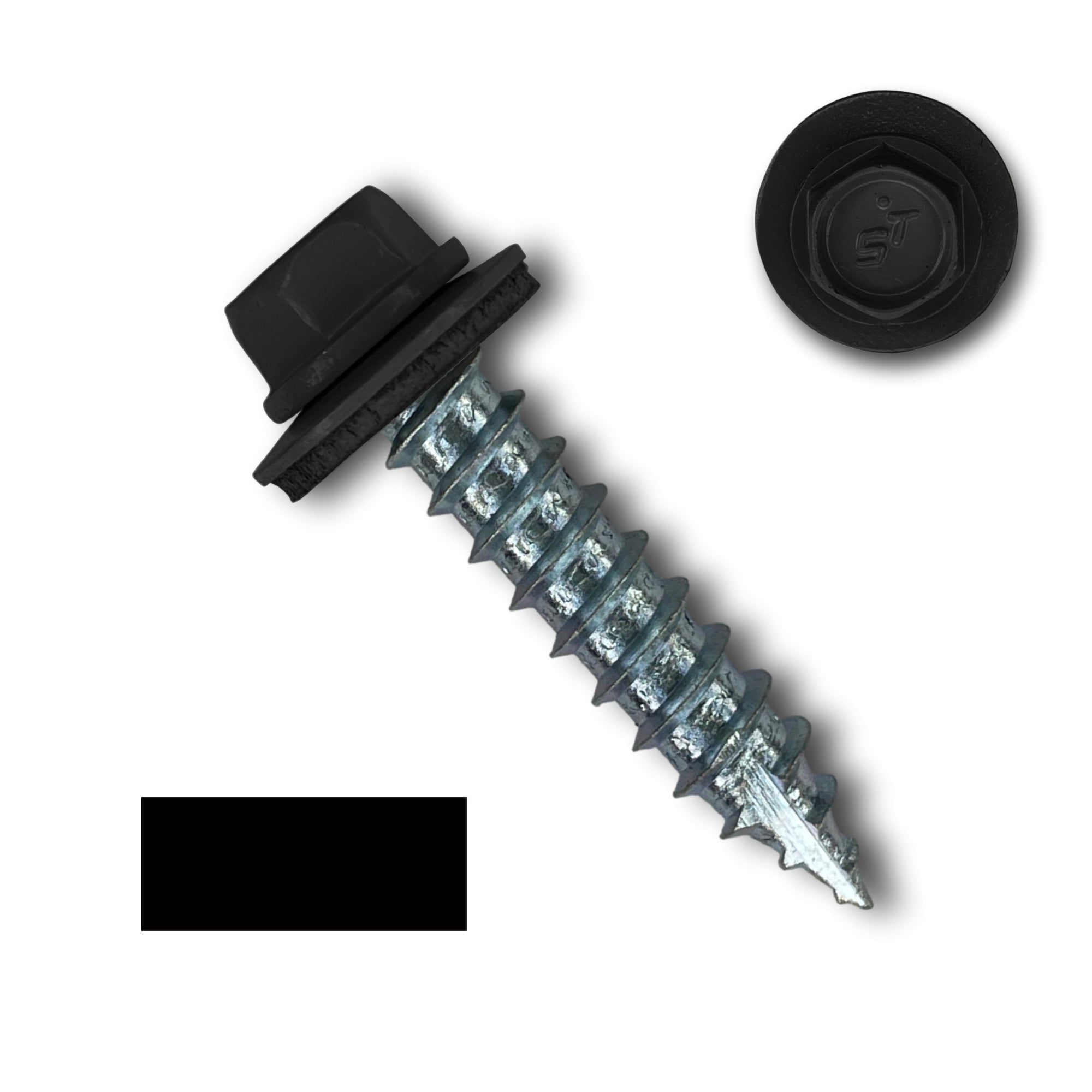 A number 14 Diameter Metal Roofing Screw that is 1.25 inches long with a 5/16 inch Hex Head and an EPDM Rubber Washer. The screw features a Type 17 sharp tip for drilling into wood decking. There is a color swatch of the screw head in the bottom left corner and a close-up of the screw head in the top right corner. The screw head is Black in color. 