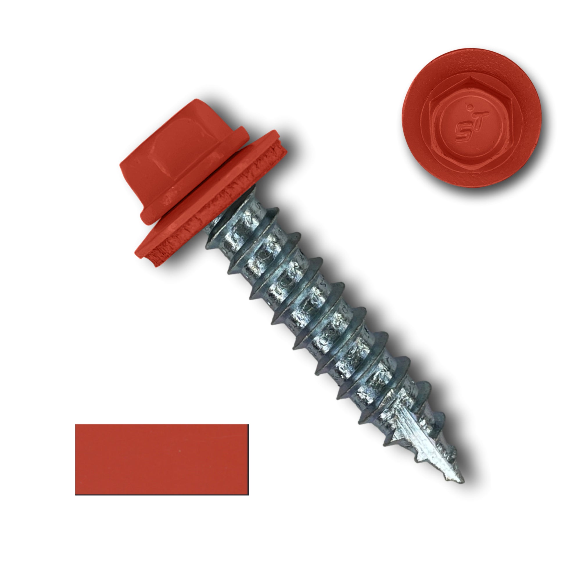 A number 14 Diameter Metal Roofing Screw that is 1.25 inches long with a 5/16 inch Hex Head and an EPDM Rubber Washer. The screw features a Type 17 sharp tip for drilling into wood decking. There is a color swatch of the screw head in the bottom left corner and a close-up of the screw head in the top right corner. The screw head is Bright Red in color. 