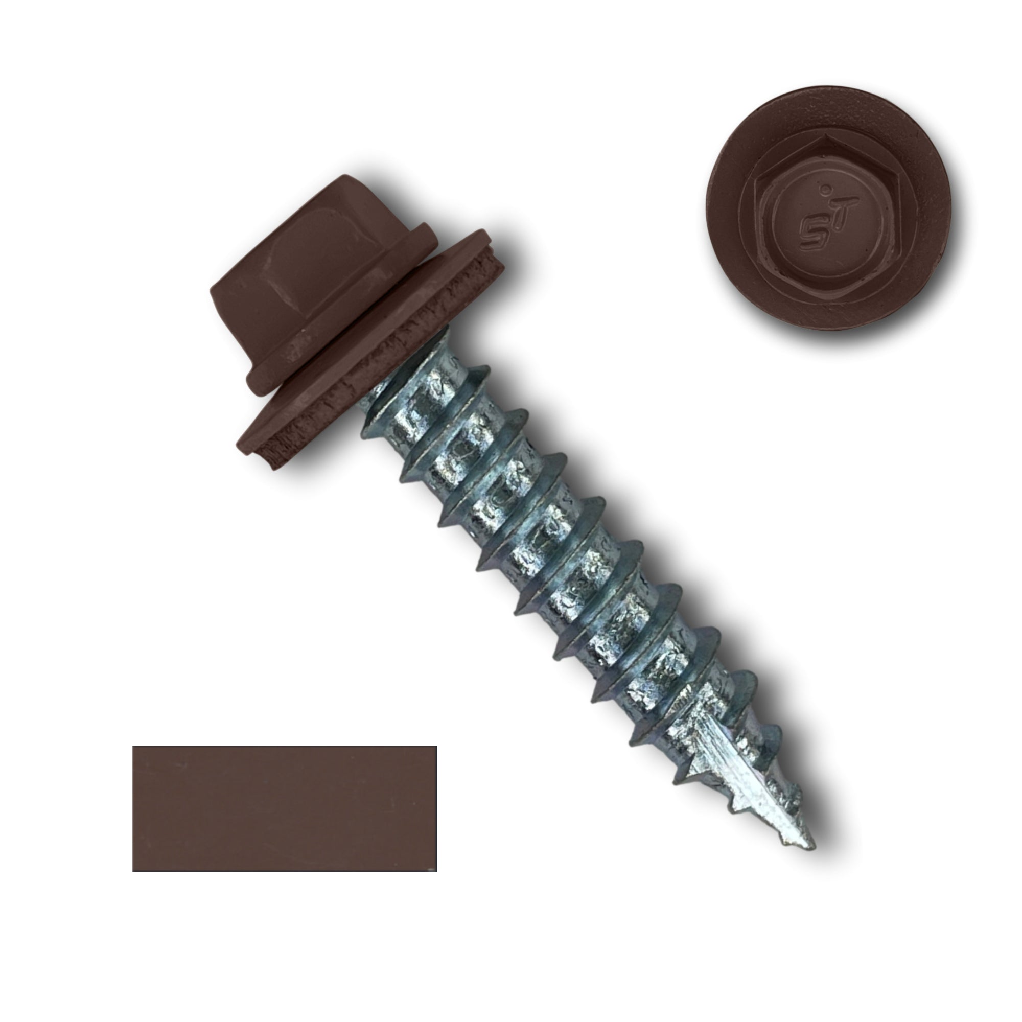 A number 14 Diameter Metal Roofing Screw that is 1.25 inches long with a 5/16 inch Hex Head and an EPDM Rubber Washer. The screw features a Type 17 sharp tip for drilling into wood decking. There is a color swatch of the screw head in the bottom left corner and a close-up of the screw head in the top right corner. The screw head is Brown in color. 