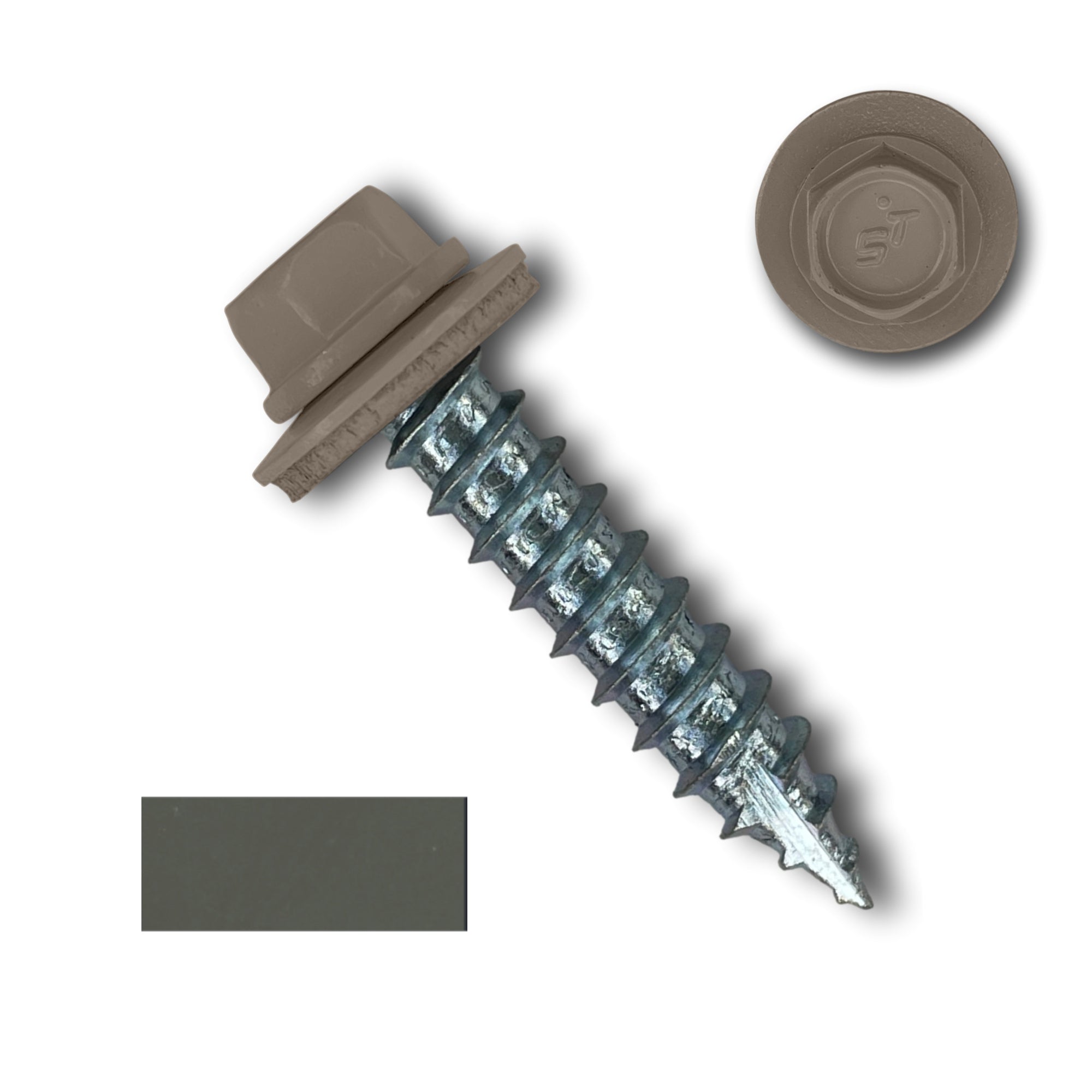 A number 14 Diameter Metal Roofing Screw that is 1.25 inches long with a 5/16 inch Hex Head and an EPDM Rubber Washer. The screw features a Type 17 sharp tip for drilling into wood decking. There is a color swatch of the screw head in the bottom left corner and a close-up of the screw head in the top right corner. The screw head is Burnished Slate in color. 