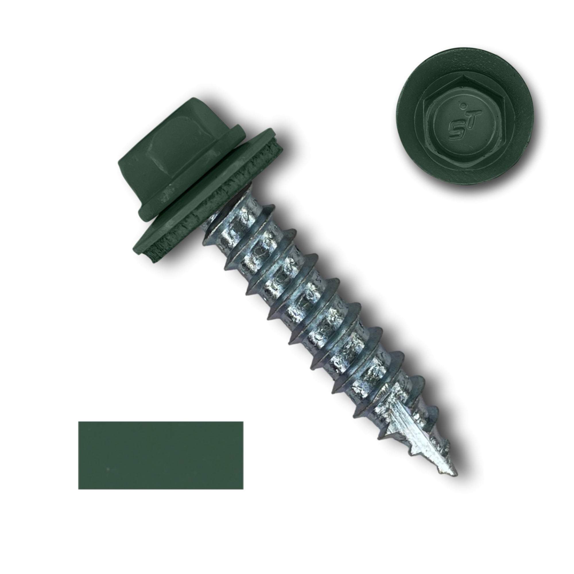 A number 14 Diameter Metal Roofing Screw that is 1.25 inches long with a 5/16 inch Hex Head and an EPDM Rubber Washer. The screw features a Type 17 sharp tip for drilling into wood decking. There is a color swatch of the screw head in the bottom left corner and a close-up of the screw head in the top right corner. The screw head is Forest Green in color. 