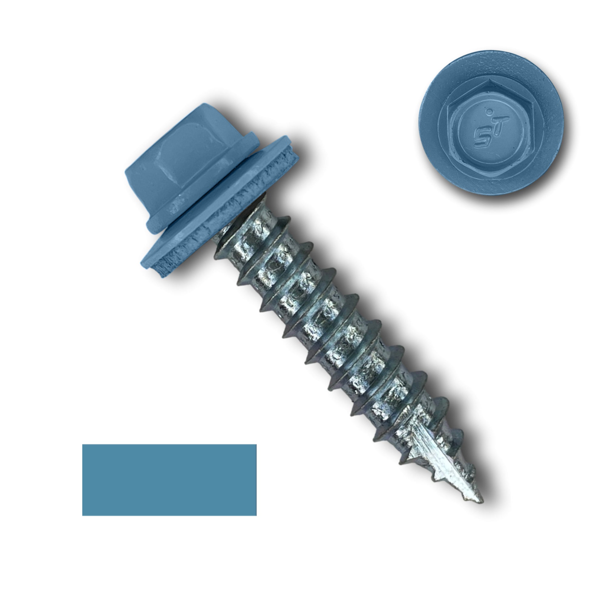 A number 14 Diameter Metal Roofing Screw that is 1.25 inches long with a 5/16 inch Hex Head and an EPDM Rubber Washer. The screw features a Type 17 sharp tip for drilling into wood decking. There is a color swatch of the screw head in the bottom left corner and a close-up of the screw head in the top right corner. The screw head is Hawaiian Blue in color. 