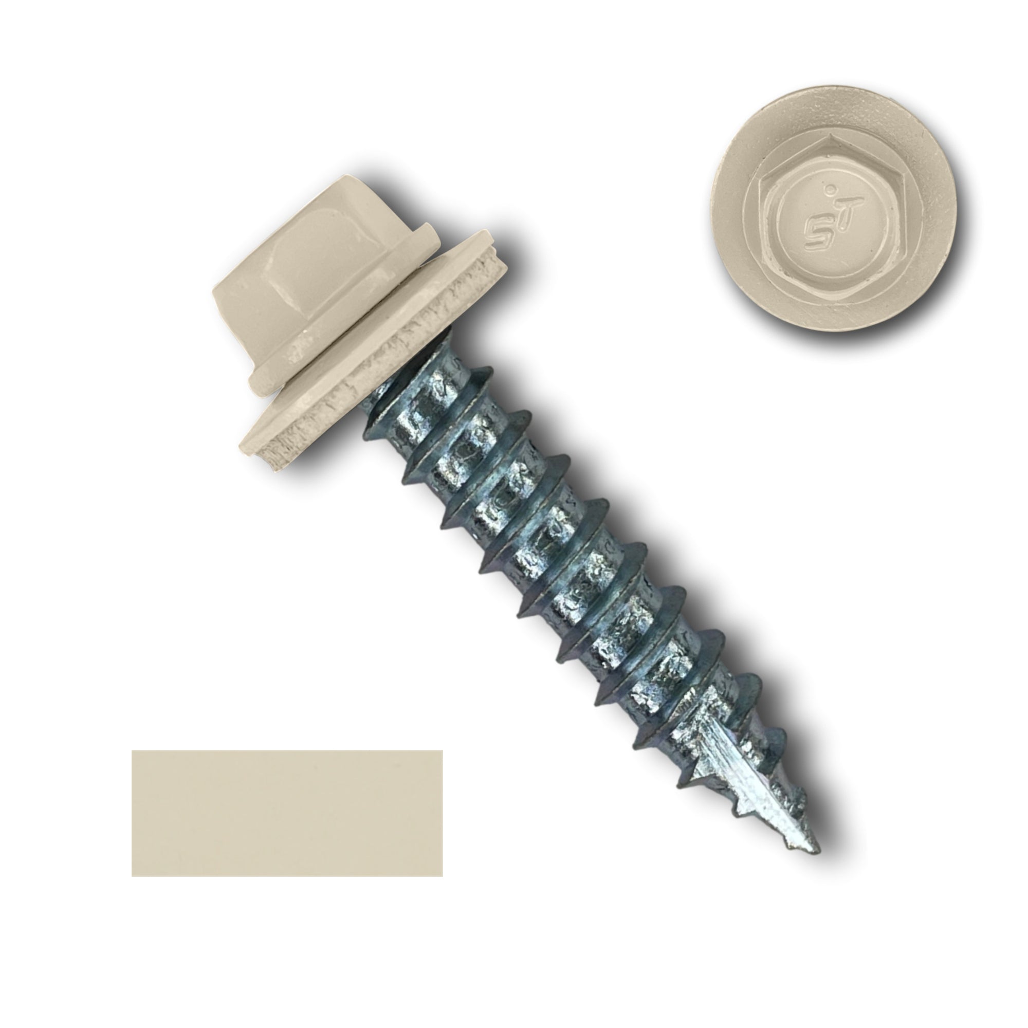 A number 14 Diameter Metal Roofing Screw that is 1.25 inches long with a 5/16 inch Hex Head and an EPDM Rubber Washer. The screw features a Type 17 sharp tip for drilling into wood decking. There is a color swatch of the screw head in the bottom left corner and a close-up of the screw head in the top right corner. The screw head is Lightstone in color. 