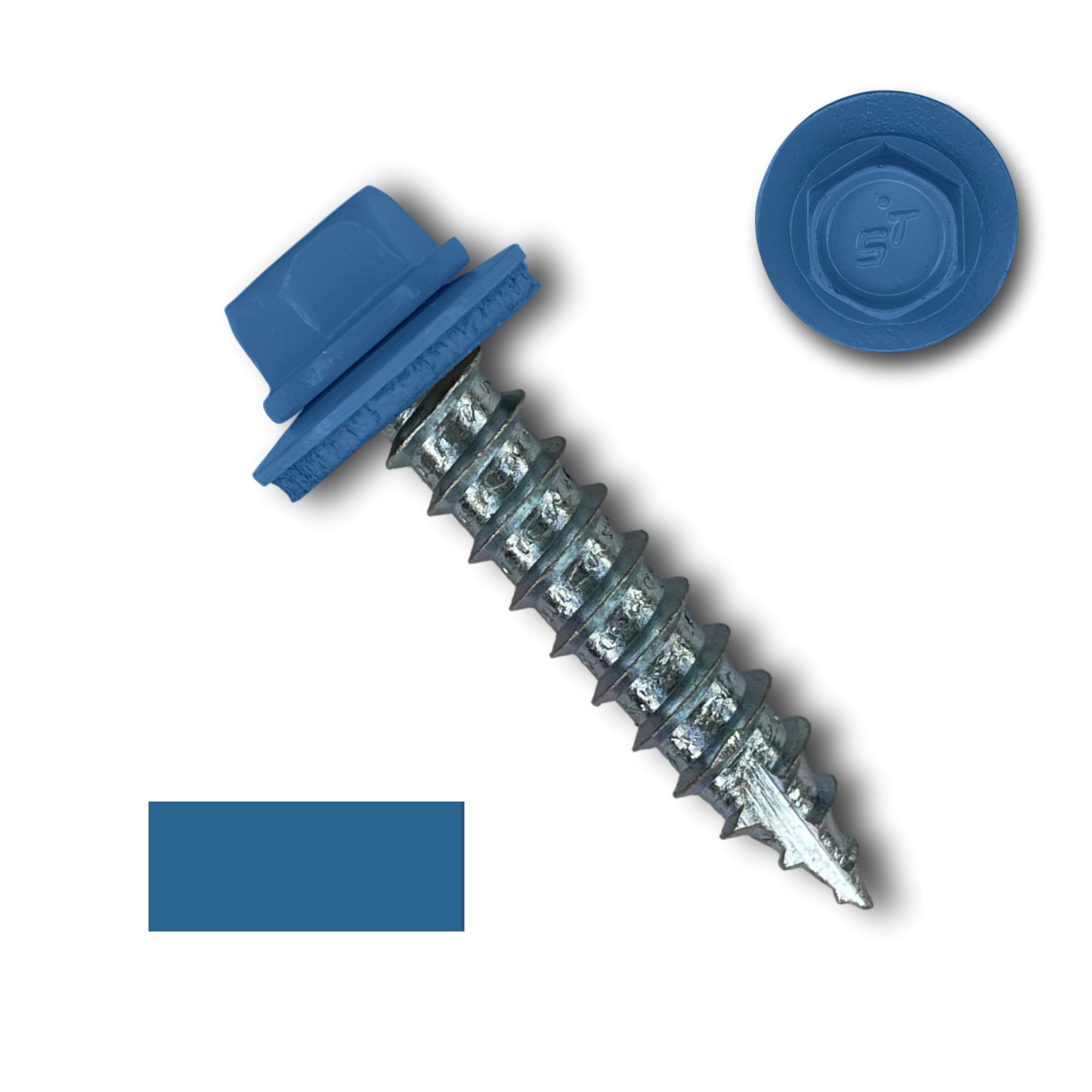 A number 14 Diameter Metal Roofing Screw that is 1.25 inches long with a 5/16 inch Hex Head and an EPDM Rubber Washer. The screw features a Type 17 sharp tip for drilling into wood decking. There is a color swatch of the screw head in the bottom left corner and a close-up of the screw head in the top right corner. The screw head is Regal Blue in color. 