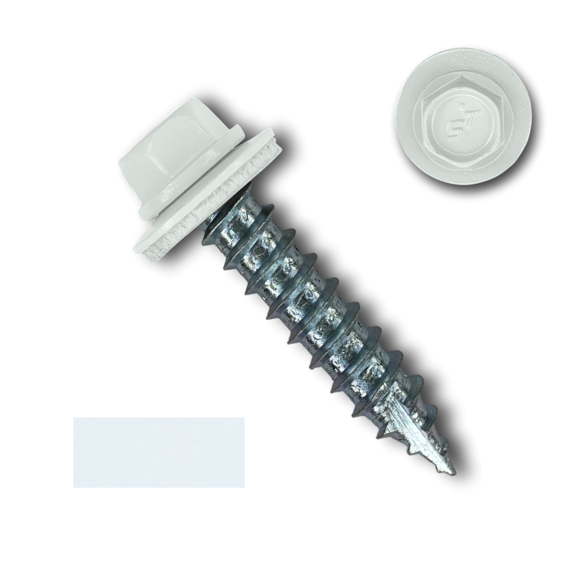 A number 14 Diameter Metal Roofing Screw that is 1.25 inches long with a 5/16 inch Hex Head and an EPDM Rubber Washer. The screw features a Type 17 sharp tip for drilling into wood decking. There is a color swatch of the screw head in the bottom left corner and a close-up of the screw head in the top right corner. The screw head is White in color. 