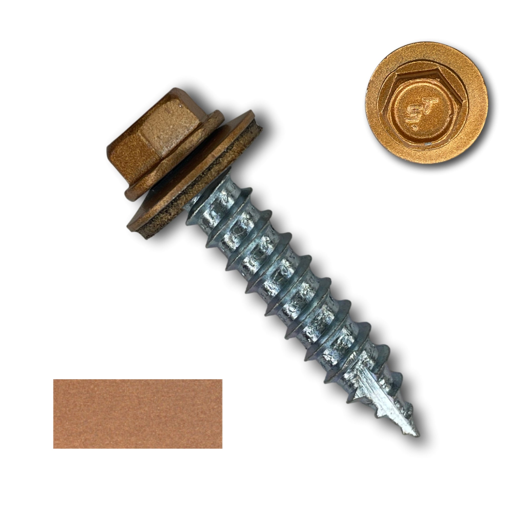 A number 14 Diameter Metal Roofing Screw that is 1.25 inches long with a 5/16 inch Hex Head and an EPDM Rubber Washer. The screw features a Type 17 sharp tip for drilling into wood decking. There is a color swatch of the screw head in the bottom left corner and a close-up of the screw head in the top right corner. The screw head is Copper Metallic in color. 