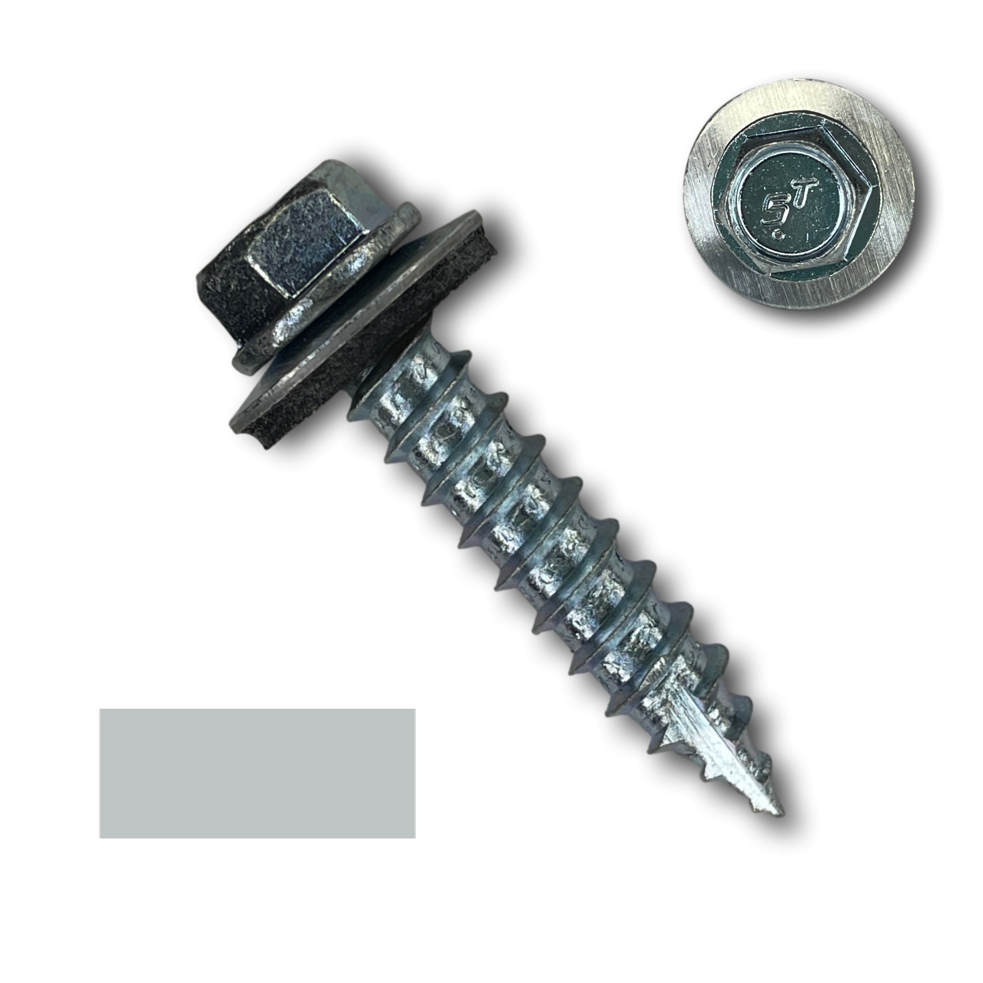 A number 14 Diameter Metal Roofing Screw that is 1.25 inches long with a 5/16 inch Hex Head and an EPDM Rubber Washer. The screw features a Type 17 sharp tip for drilling into wood decking. There is a color swatch of the screw head in the bottom left corner and a close-up of the screw head in the top right corner. The screw head is Zinc/Unpainted in color. 