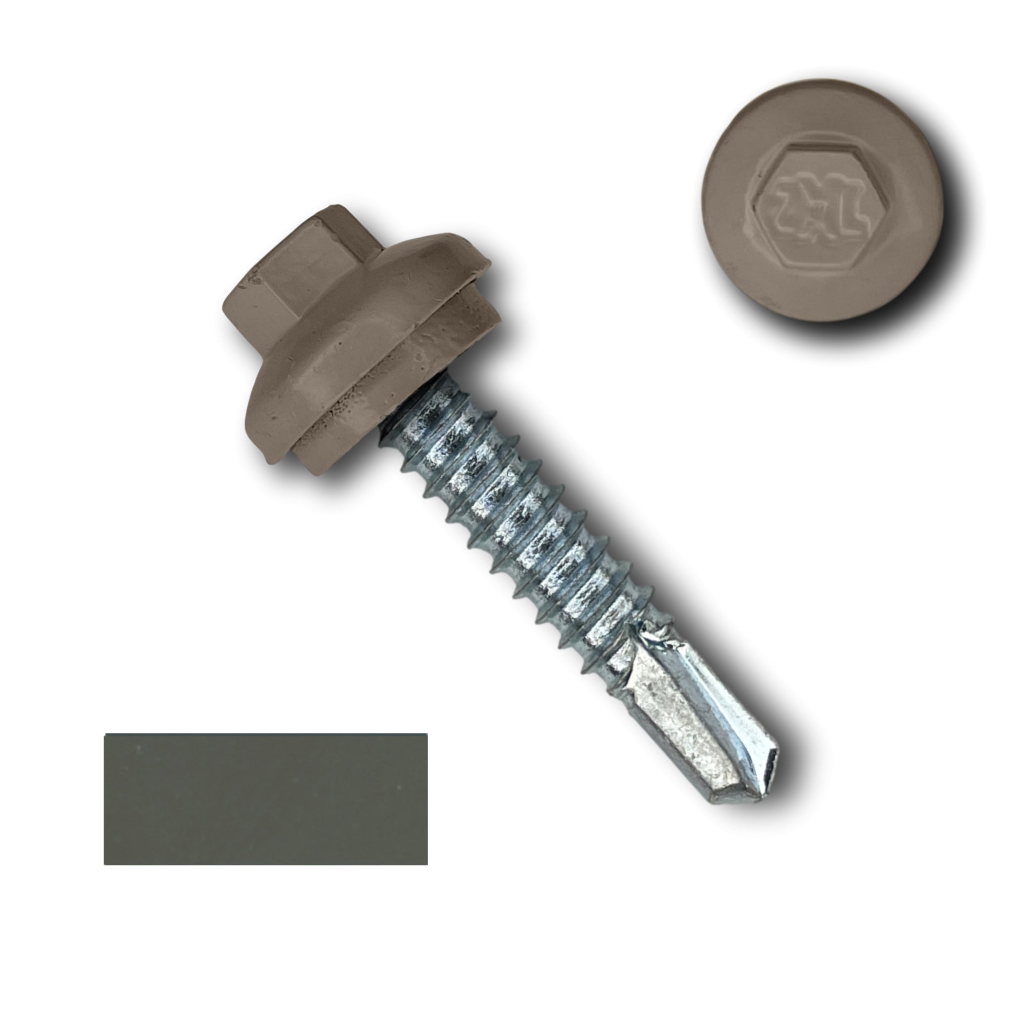 A number 14 Diameter Metal Roofing Screw that is 1.25 inches long with a 5/16 inch Hex Head and an EPDM Rubber Washer. The screw features a Dome Cap that covers the washer and a self-drilling tip for drilling into steel purlins. There is a color swatch of the screw head in the bottom left corner and a close-up of the screw head in the top right corner. The screw head is Burnished Slate in color. 