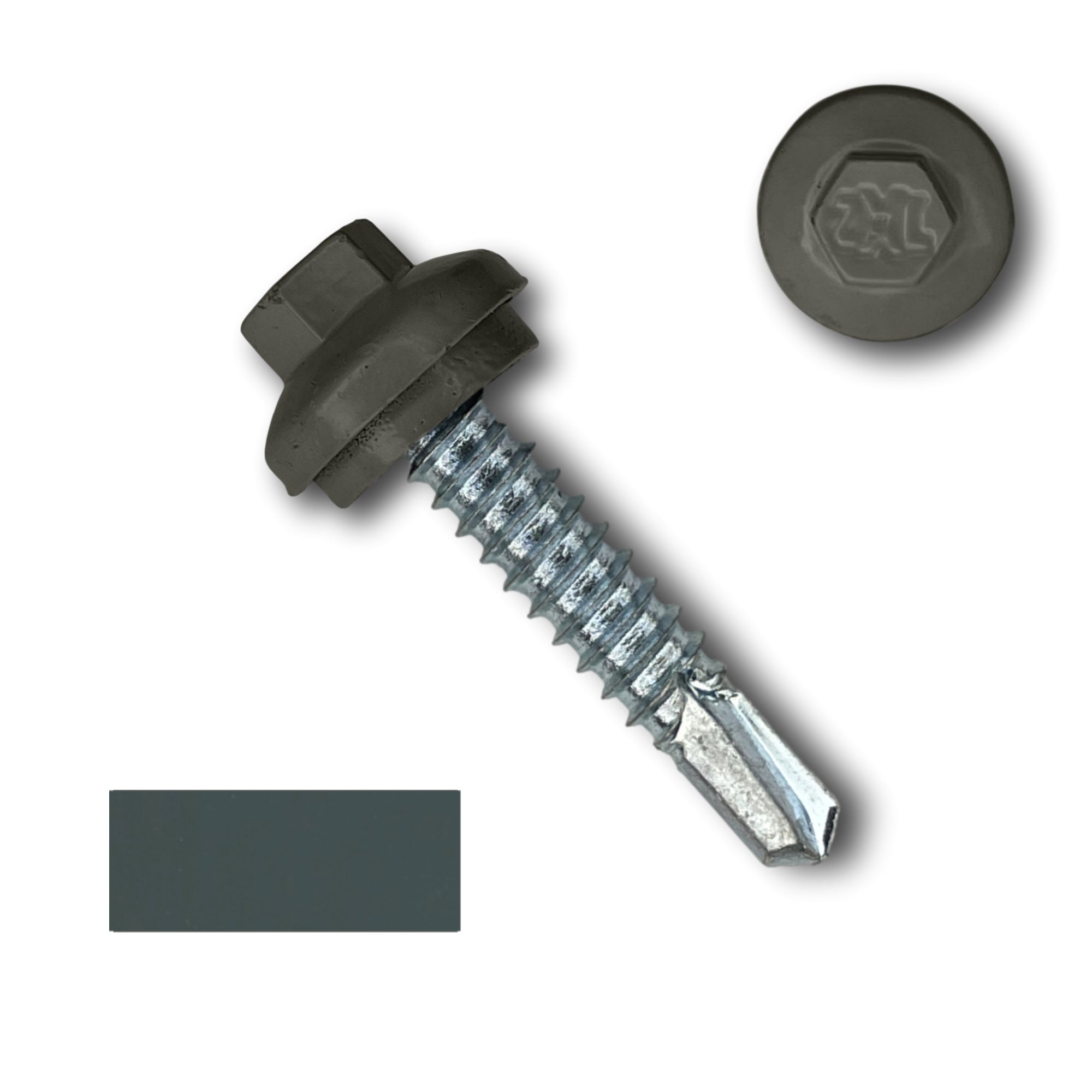 A number 14 Diameter Metal Roofing Screw that is 1.25 inches long with a 5/16 inch Hex Head and an EPDM Rubber Washer. The screw features a Dome Cap that covers the washer and a self-drilling tip for drilling into steel purlins. There is a color swatch of the screw head in the bottom left corner and a close-up of the screw head in the top right corner. The screw head is Charcoal Gray in color. 