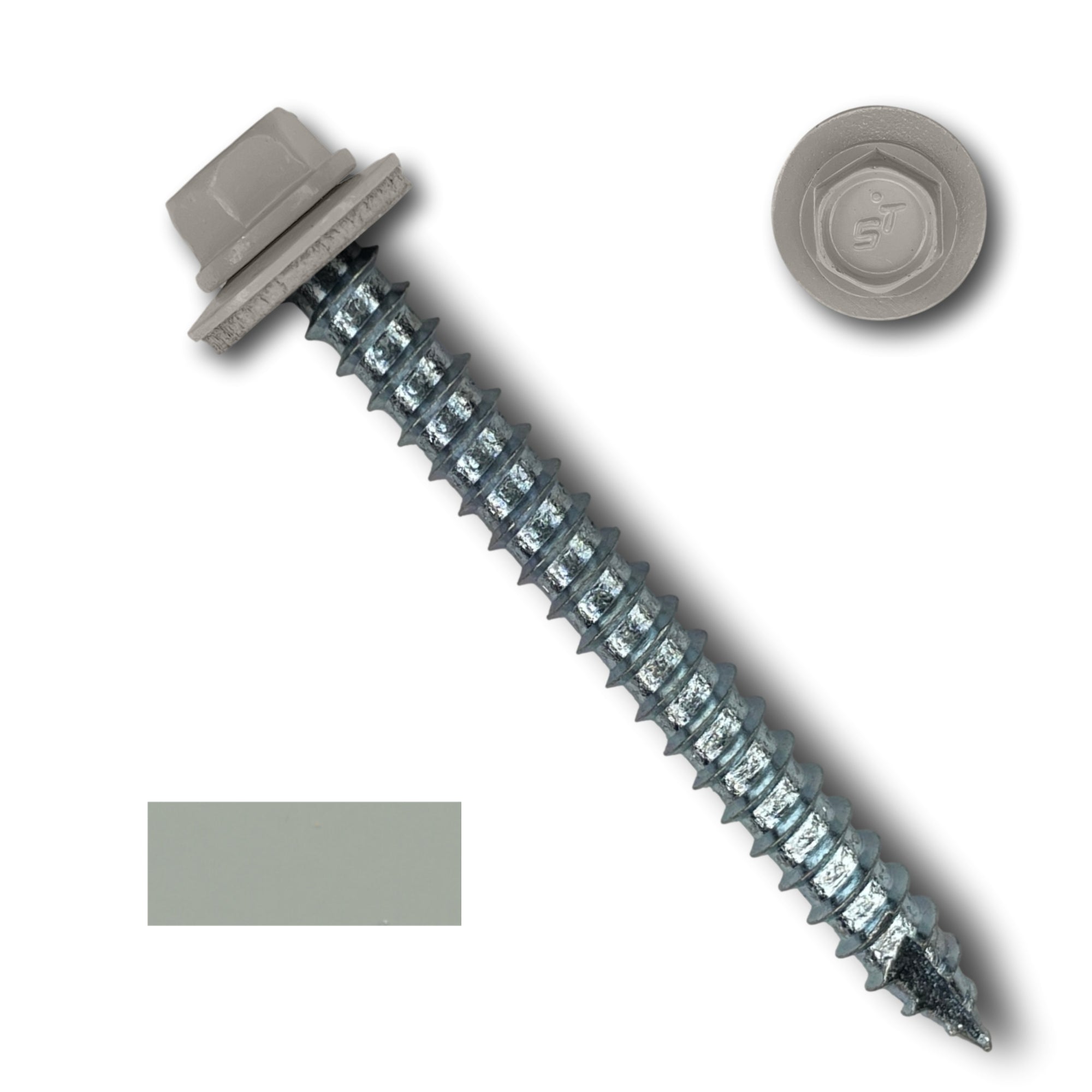 A number 14 Diameter Metal Roofing Screw that is 2.5 inches long with a 5/16 inch Hex Head and an EPDM Rubber Washer. The screw features a Type 17 sharp tip for drilling into wood decking. There is a color swatch of the screw head in the bottom left corner and a close-up of the screw head in the top right corner. The screw head is Ash Gray in color. 