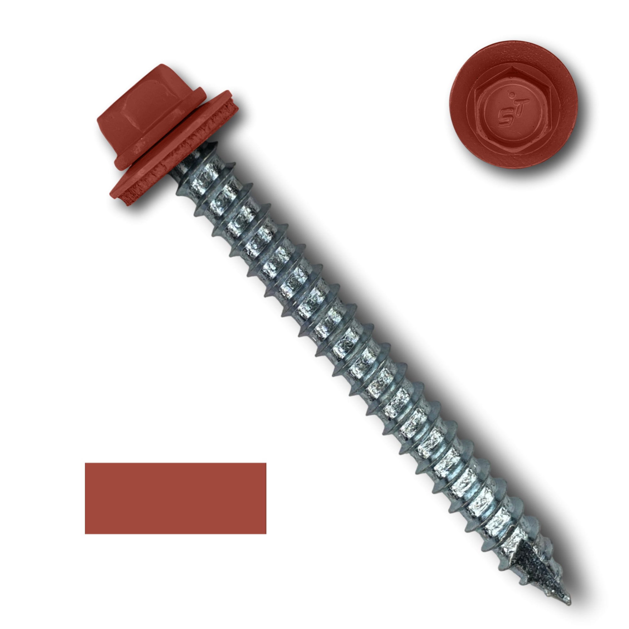 A number 14 Diameter Metal Roofing Screw that is 2.5 inches long with a 5/16 inch Hex Head and an EPDM Rubber Washer. The screw features a Type 17 sharp tip for drilling into wood decking. There is a color swatch of the screw head in the bottom left corner and a close-up of the screw head in the top right corner. The screw head is Barn Red in color. 