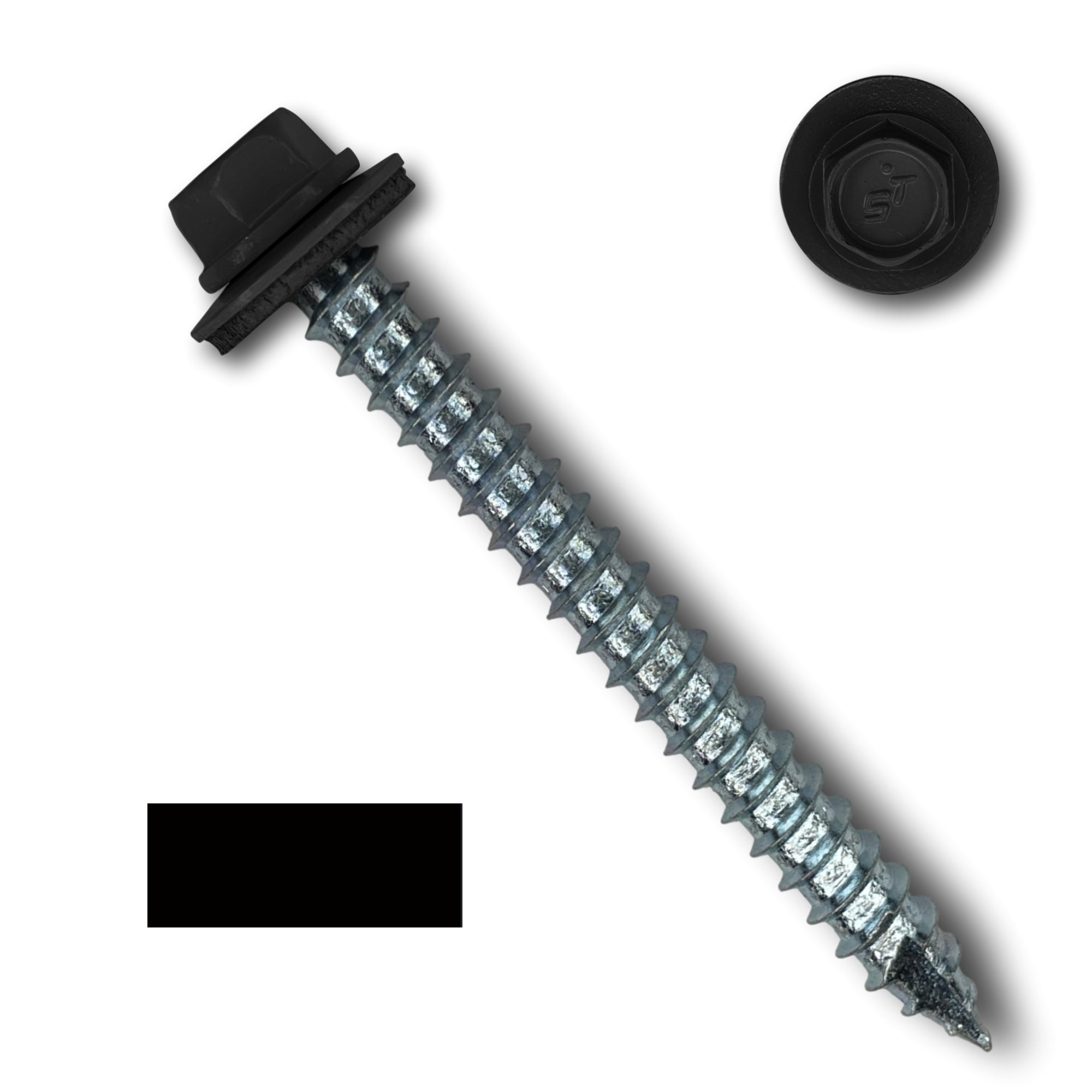 A number 14 Diameter Metal Roofing Screw that is 2.5 inches long with a 5/16 inch Hex Head and an EPDM Rubber Washer. The screw features a Type 17 sharp tip for drilling into wood decking. There is a color swatch of the screw head in the bottom left corner and a close-up of the screw head in the top right corner. The screw head is Black in color. 