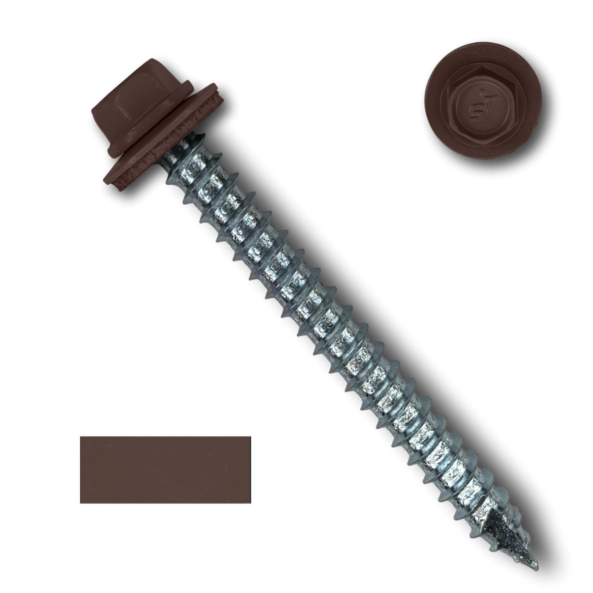 A number 14 Diameter Metal Roofing Screw that is 2.5 inches long with a 5/16 inch Hex Head and an EPDM Rubber Washer. The screw features a Type 17 sharp tip for drilling into wood decking. There is a color swatch of the screw head in the bottom left corner and a close-up of the screw head in the top right corner. The screw head is Brown in color. 