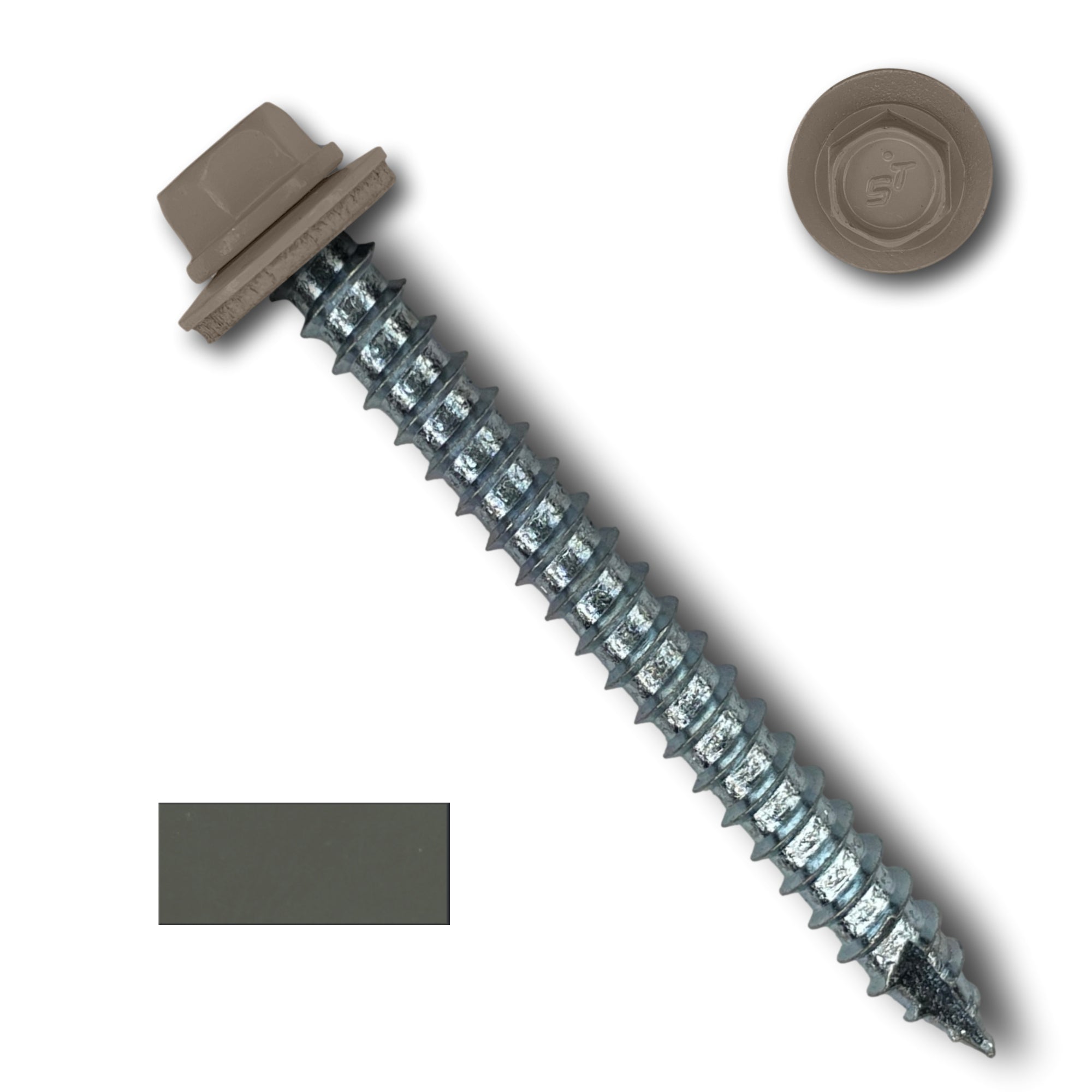 A number 14 Diameter Metal Roofing Screw that is 2.5 inches long with a 5/16 inch Hex Head and an EPDM Rubber Washer. The screw features a Type 17 sharp tip for drilling into wood decking. There is a color swatch of the screw head in the bottom left corner and a close-up of the screw head in the top right corner. The screw head is Burnished Slate in color. 