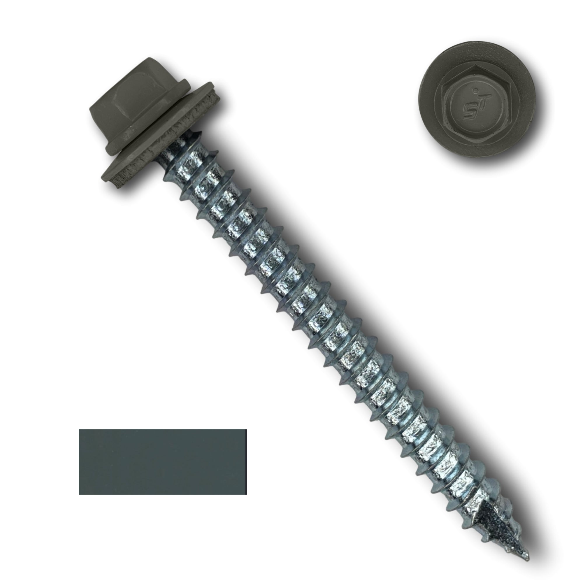 A number 14 Diameter Metal Roofing Screw that is 2.5 inches long with a 5/16 inch Hex Head and an EPDM Rubber Washer. The screw features a Type 17 sharp tip for drilling into wood decking. There is a color swatch of the screw head in the bottom left corner and a close-up of the screw head in the top right corner. The screw head is Charcoal Gray in color. 