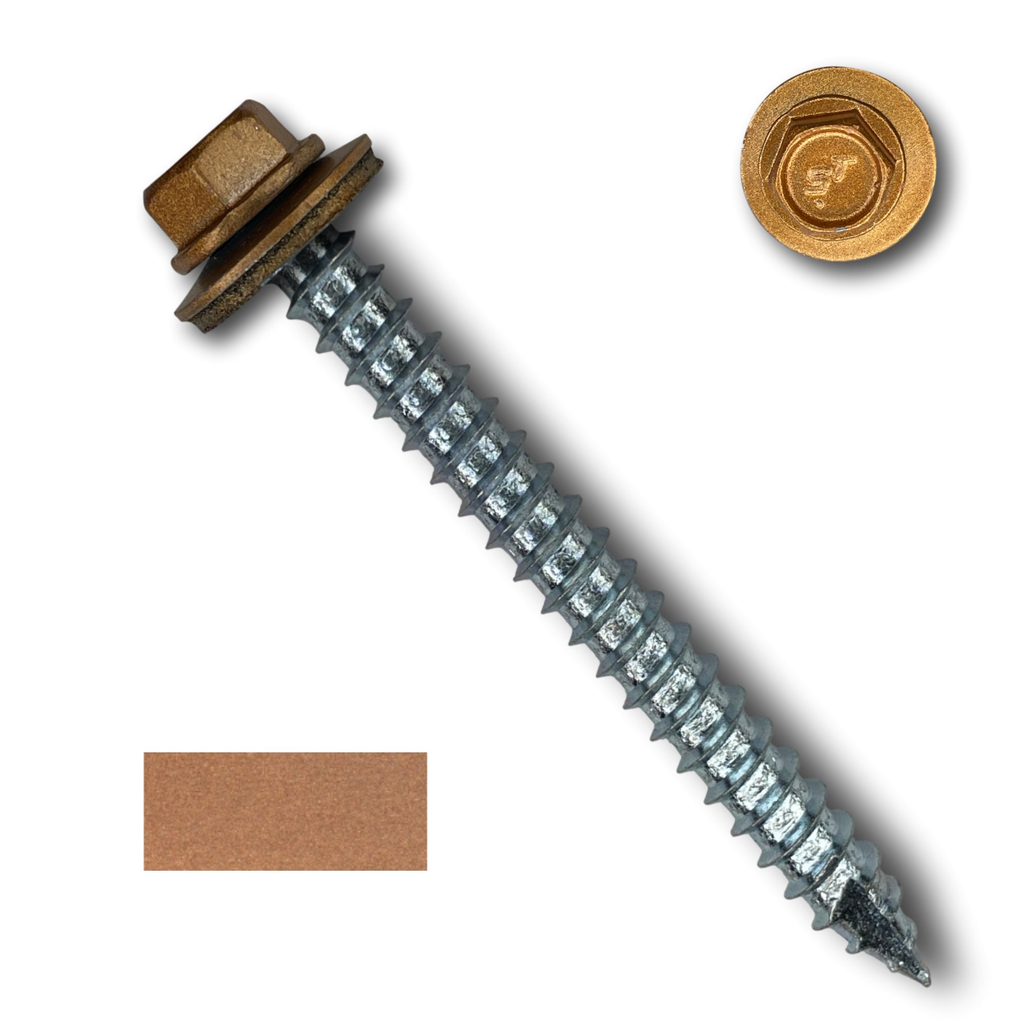 A number 14 Diameter Metal Roofing Screw that is 2.5 inches long with a 5/16 inch Hex Head and an EPDM Rubber Washer. The screw features a Type 17 sharp tip for drilling into wood decking. There is a color swatch of the screw head in the bottom left corner and a close-up of the screw head in the top right corner. The screw head is Copper Metallic in color. 