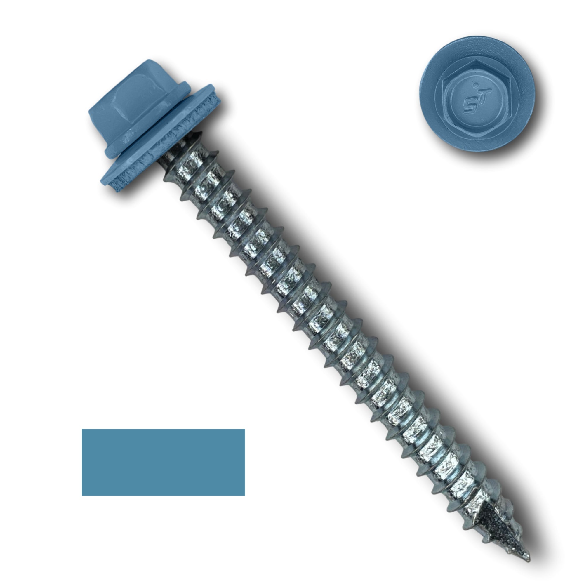 A number 14 Diameter Metal Roofing Screw that is 2.5 inches long with a 5/16 inch Hex Head and an EPDM Rubber Washer. The screw features a Type 17 sharp tip for drilling into wood decking. There is a color swatch of the screw head in the bottom left corner and a close-up of the screw head in the top right corner. The screw head is Hawaiian Blue in color. 