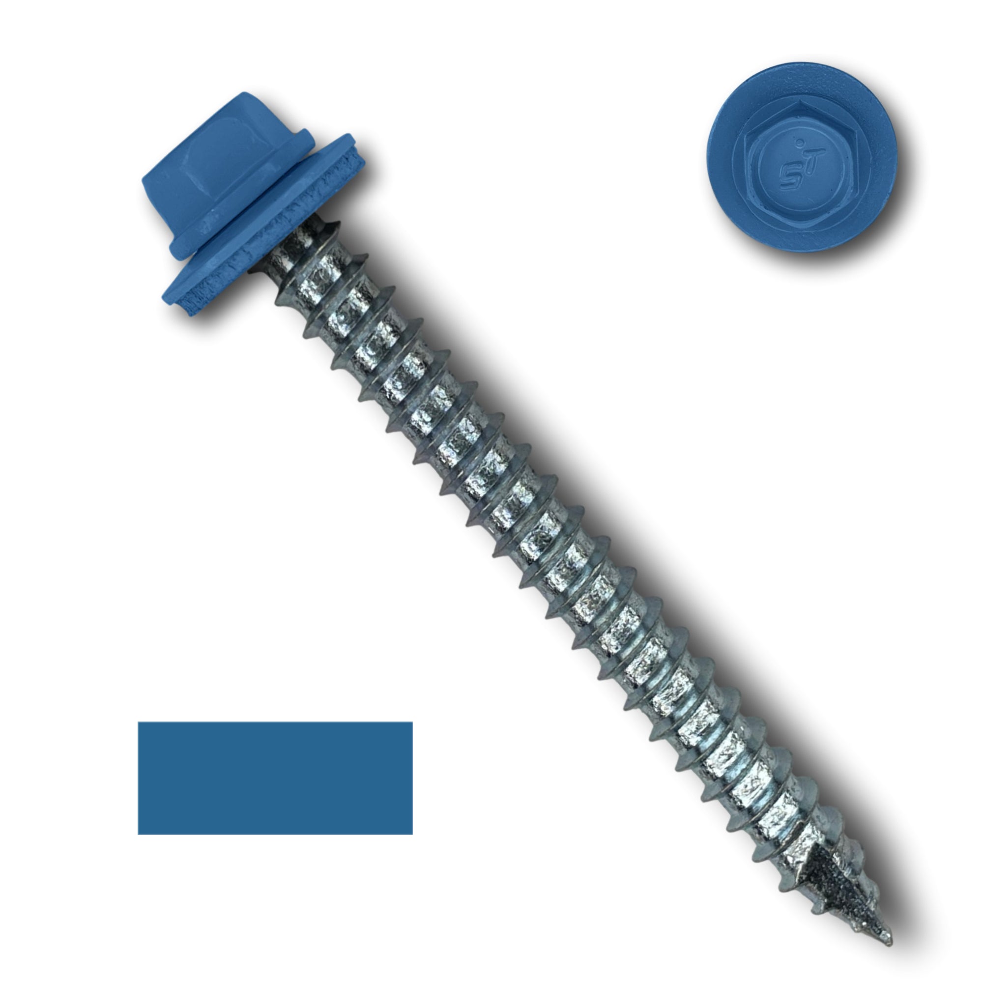 A number 14 Diameter Metal Roofing Screw that is 2.5 inches long with a 5/16 inch Hex Head and an EPDM Rubber Washer. The screw features a Type 17 sharp tip for drilling into wood decking. There is a color swatch of the screw head in the bottom left corner and a close-up of the screw head in the top right corner. The screw head is Regal Blue in color. 