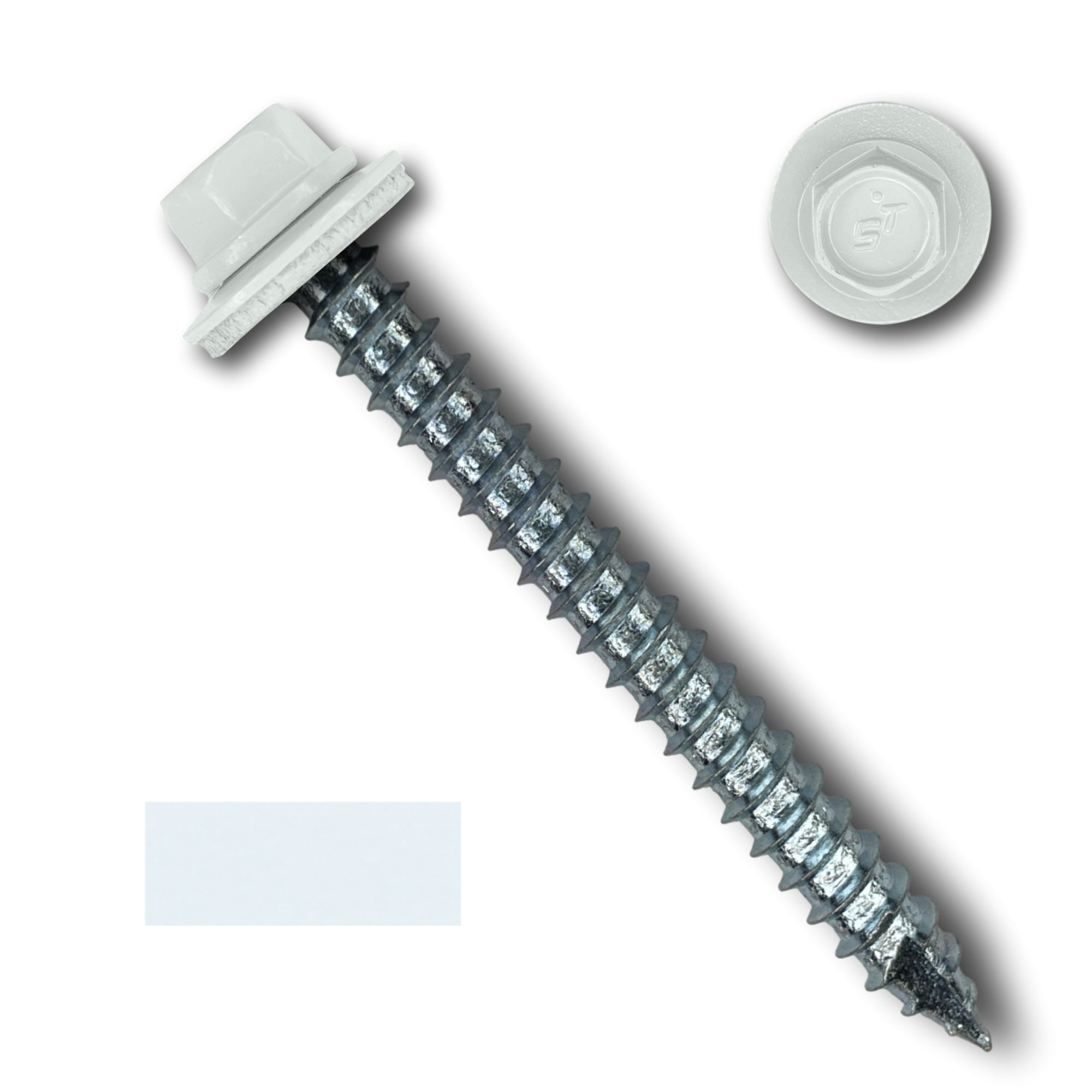 A number 14 Diameter Metal Roofing Screw that is 2.5 inches long with a 5/16 inch Hex Head and an EPDM Rubber Washer. The screw features a Type 17 sharp tip for drilling into wood decking. There is a color swatch of the screw head in the bottom left corner and a close-up of the screw head in the top right corner. The screw head is White in color. 