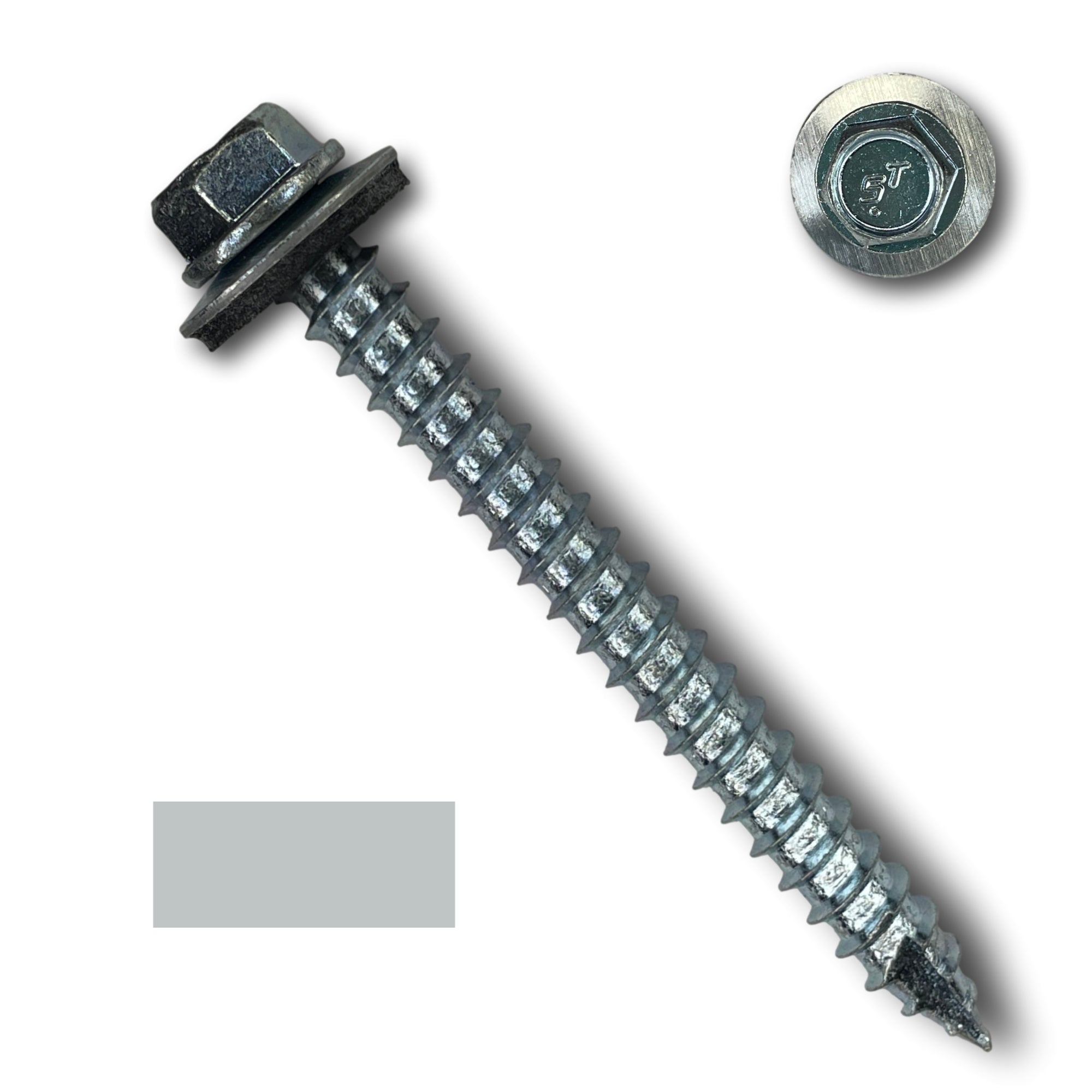 A number 14 Diameter Metal Roofing Screw that is 2.5 inches long with a 5/16 inch Hex Head and an EPDM Rubber Washer. The screw features a Type 17 sharp tip for drilling into wood decking. There is a color swatch of the screw head in the bottom left corner and a close-up of the screw head in the top right corner. The screw head is Zinc/Unpainted in color. 