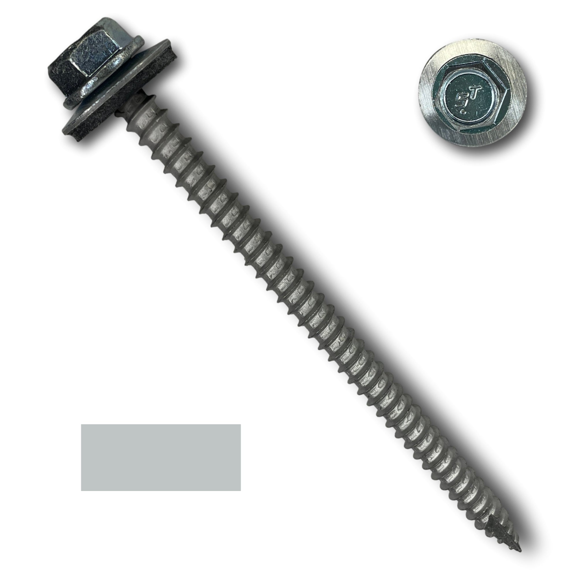 A number 14 Diameter Metal Roofing Screw that is 4 inches long with a 5/16 inch Hex Head and an EPDM Rubber Washer. The screw features a Type 17 sharp tip for drilling into wood decking. There is a color swatch of the screw head in the bottom left corner and a close-up of the screw head in the top right corner. The screw head is Zinc/Unpainted in color. 