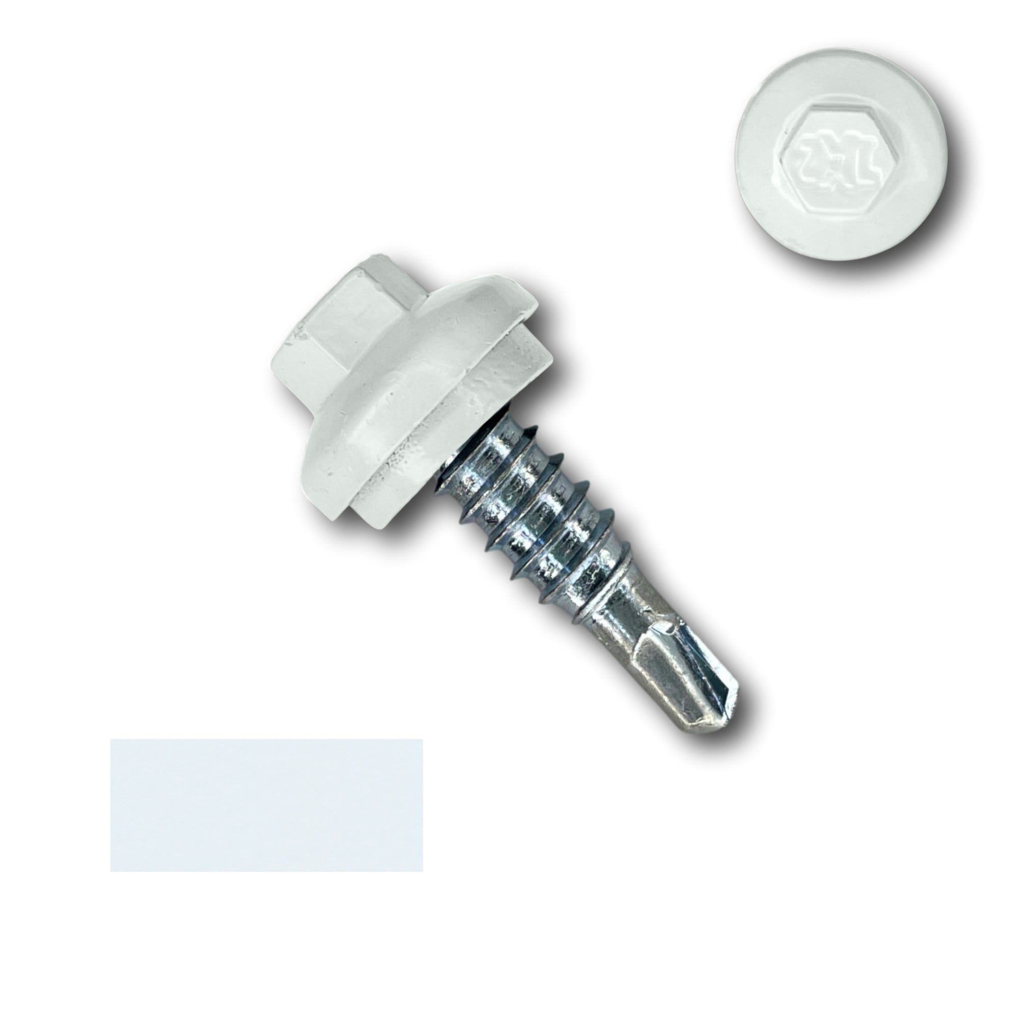 A number 14 Diameter Metal Roofing Screw that is 7/8 inches long with a 5/16 inch Hex Head and an EPDM Rubber Washer. The screw features a Dome Cap that covers the washer and a self-drilling tip for overlapping roof panels. There is a color swatch of the screw head in the bottom left corner and a close-up of the screw head in the top right corner. The screw head is White in color. 