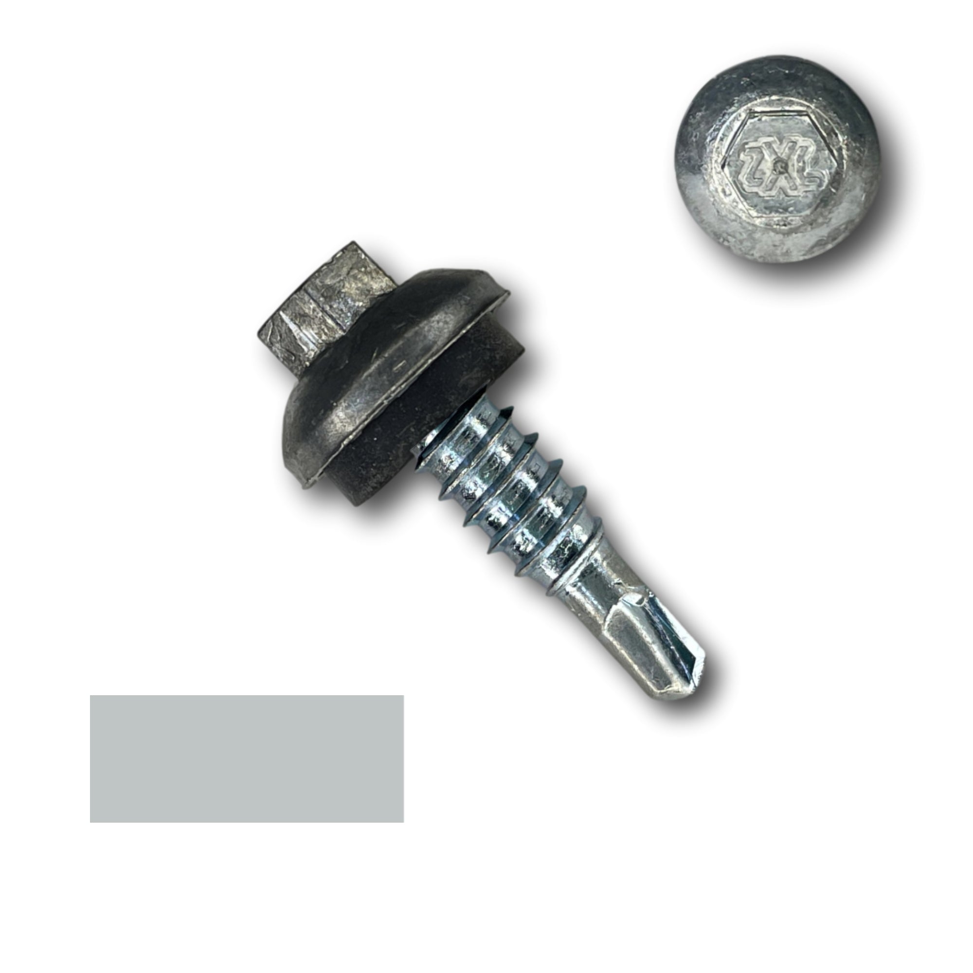 A number 14 Diameter Metal Roofing Screw that is 7/8 inches long with a 5/16 inch Hex Head and an EPDM Rubber Washer. The screw features a Dome Cap that covers the washer and a self-drilling tip for overlapping roof panels. There is a color swatch of the screw head in the bottom left corner and a close-up of the screw head in the top right corner. The screw head is Zinc/Unpainted in color. 