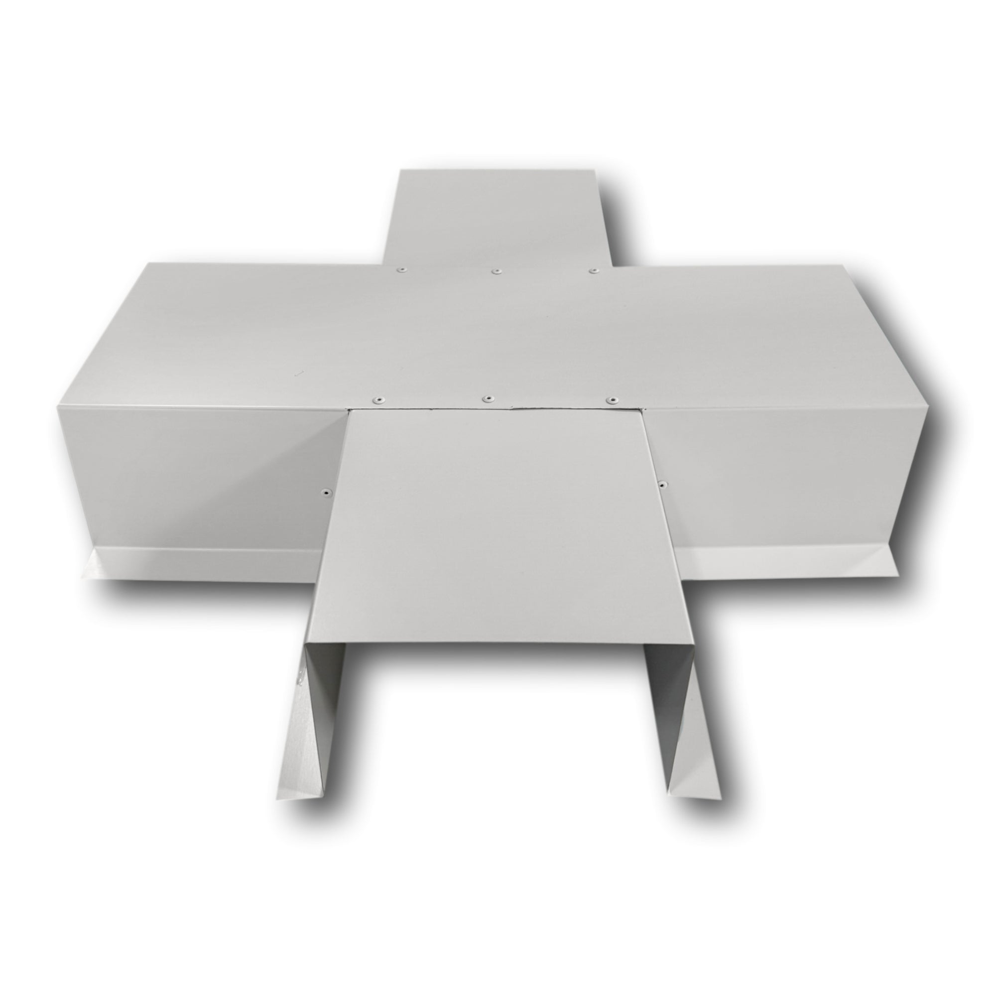 A PermaCover Metal HVAC Line Set Cover 4-Way T-Joint Connector that is made to attach to exterior walls to cover existing HVAC line sets. The elbow cover is made from 26 Gauge Painted Steel and is Ash Gray in color. 