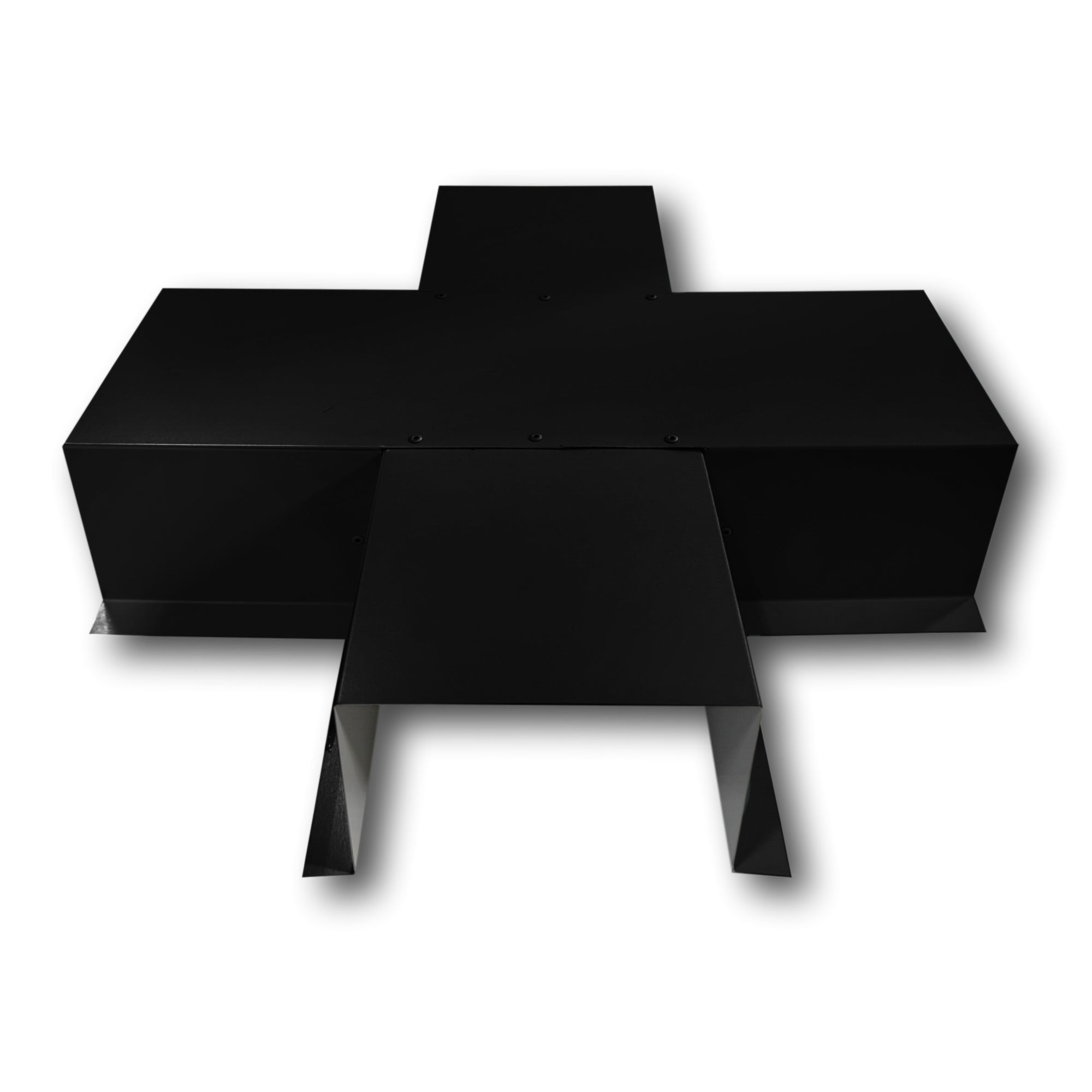 A PermaCover Metal HVAC Line Set Cover 4-Way T-Joint Connector that is made to attach to exterior walls to cover existing HVAC line sets. The elbow cover is made from 26 Gauge Painted Steel and is Black in color. 