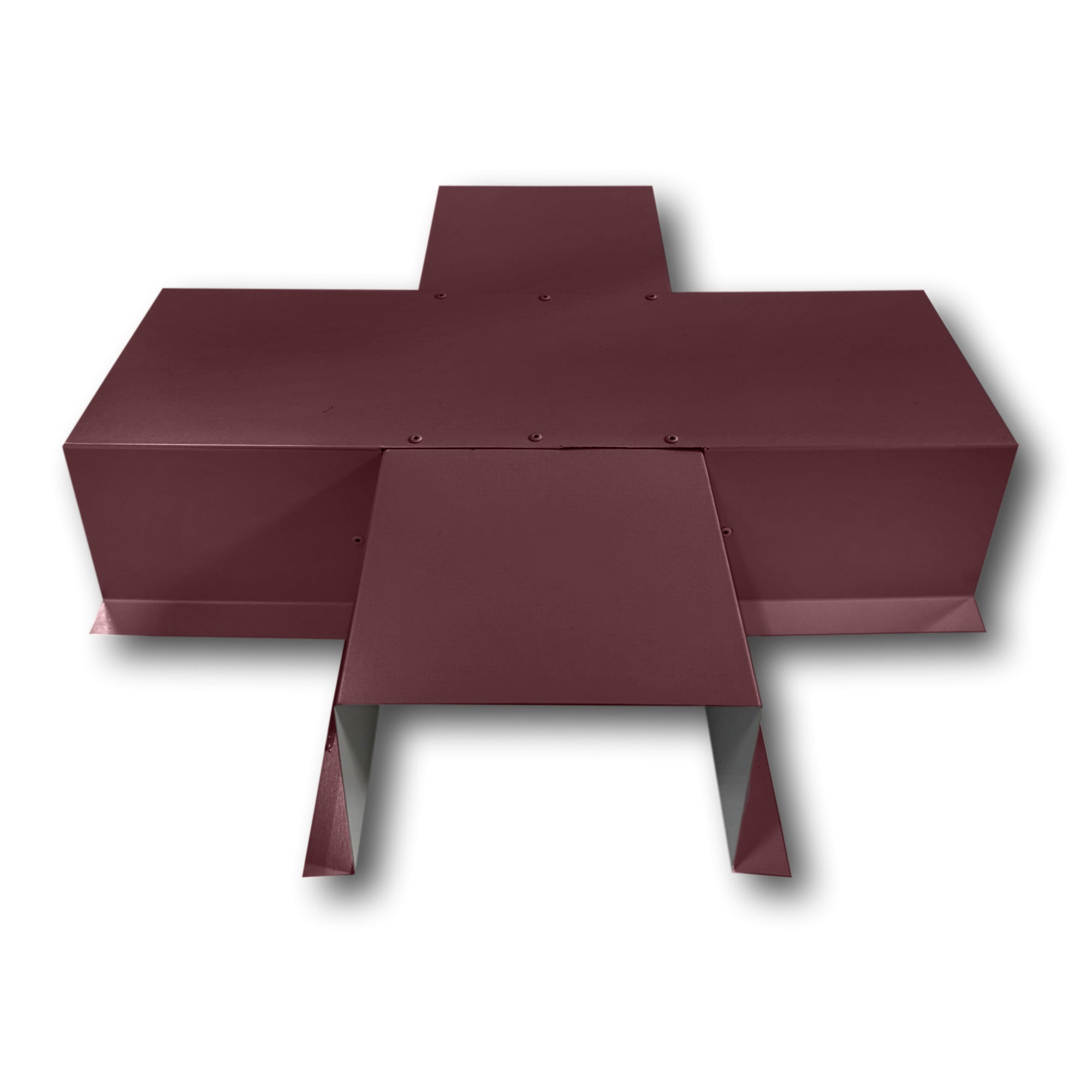 A PermaCover Metal HVAC Line Set Cover 4-Way T-Joint Connector that is made to attach to exterior walls to cover existing HVAC line sets. The elbow cover is made from 26 Gauge Painted Steel and is Burgundy in color. 