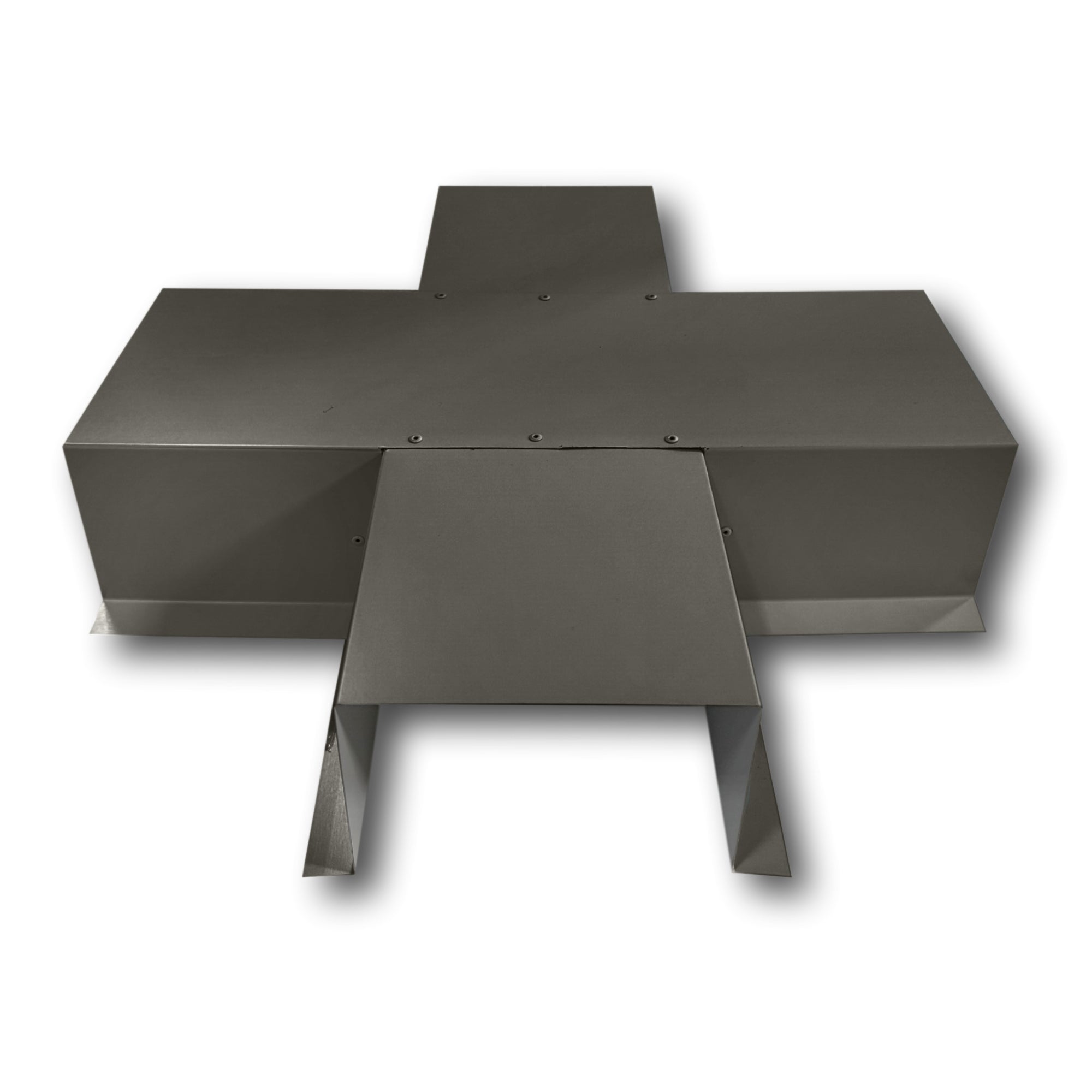 A PermaCover Metal HVAC Line Set Cover 4-Way T-Joint Connector that is made to attach to exterior walls to cover existing HVAC line sets. The elbow cover is made from 26 Gauge Painted Steel and is Burnished Slate in color. 