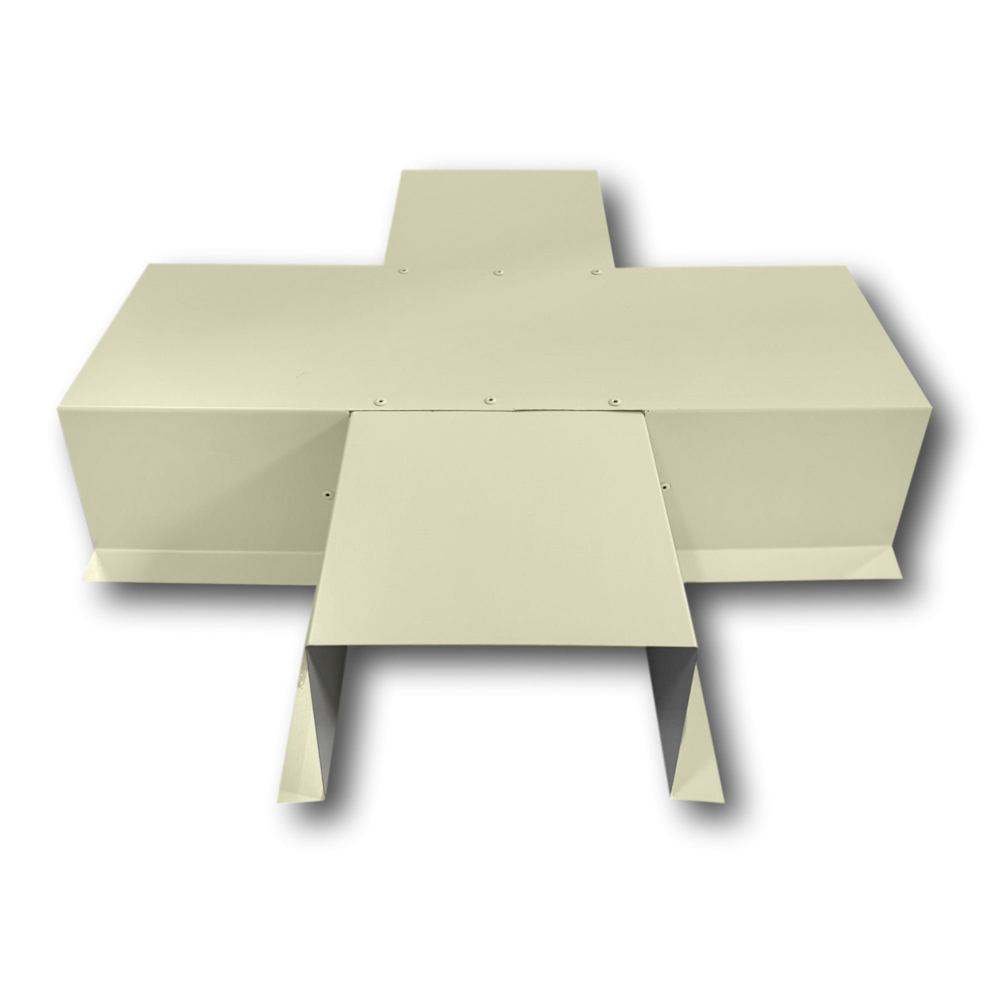 A PermaCover Metal HVAC Line Set Cover 4-Way T-Joint Connector that is made to attach to exterior walls to cover existing HVAC line sets. The elbow cover is made from 26 Gauge Painted Steel and is Lightstone in color. 