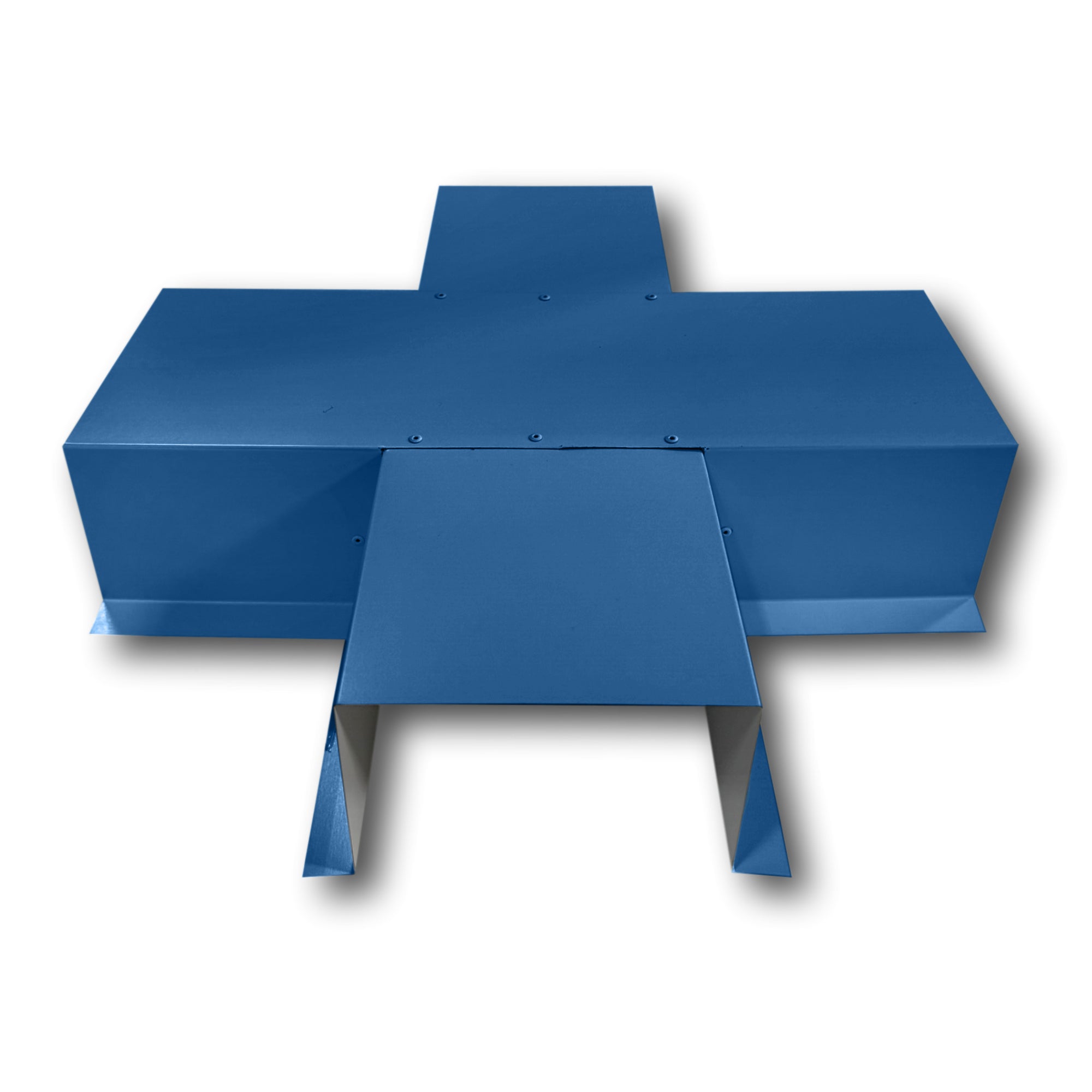 A PermaCover Metal HVAC Line Set Cover 4-Way T-Joint Connector that is made to attach to exterior walls to cover existing HVAC line sets. The elbow cover is made from 26 Gauge Painted Steel and is Regal Blue in color. 