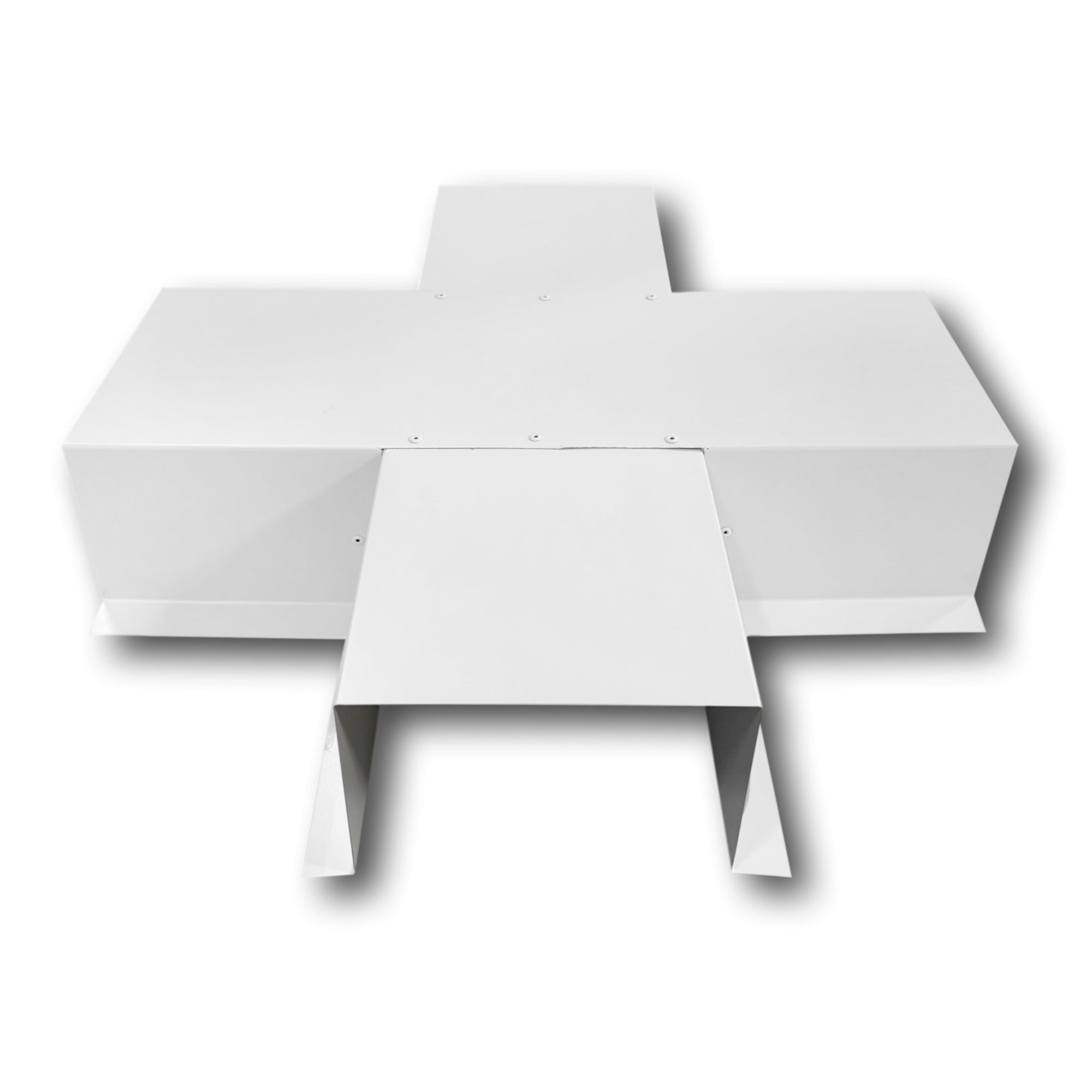 A PermaCover Metal HVAC Line Set Cover 4-Way T-Joint Connector that is made to attach to exterior walls to cover existing HVAC line sets. The elbow cover is made from 26 Gauge Painted Steel and is White in color. 