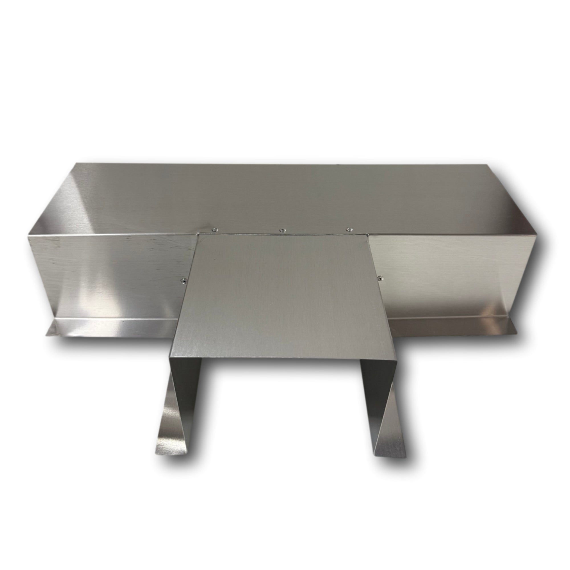 A PermaCover Metal HVAC Line Set Cover T-Joint Connector that is made to attach to exterior walls to cover existing HVAC line sets. The elbow cover is made from 26 Gauge Mill Finish Aluminum. 