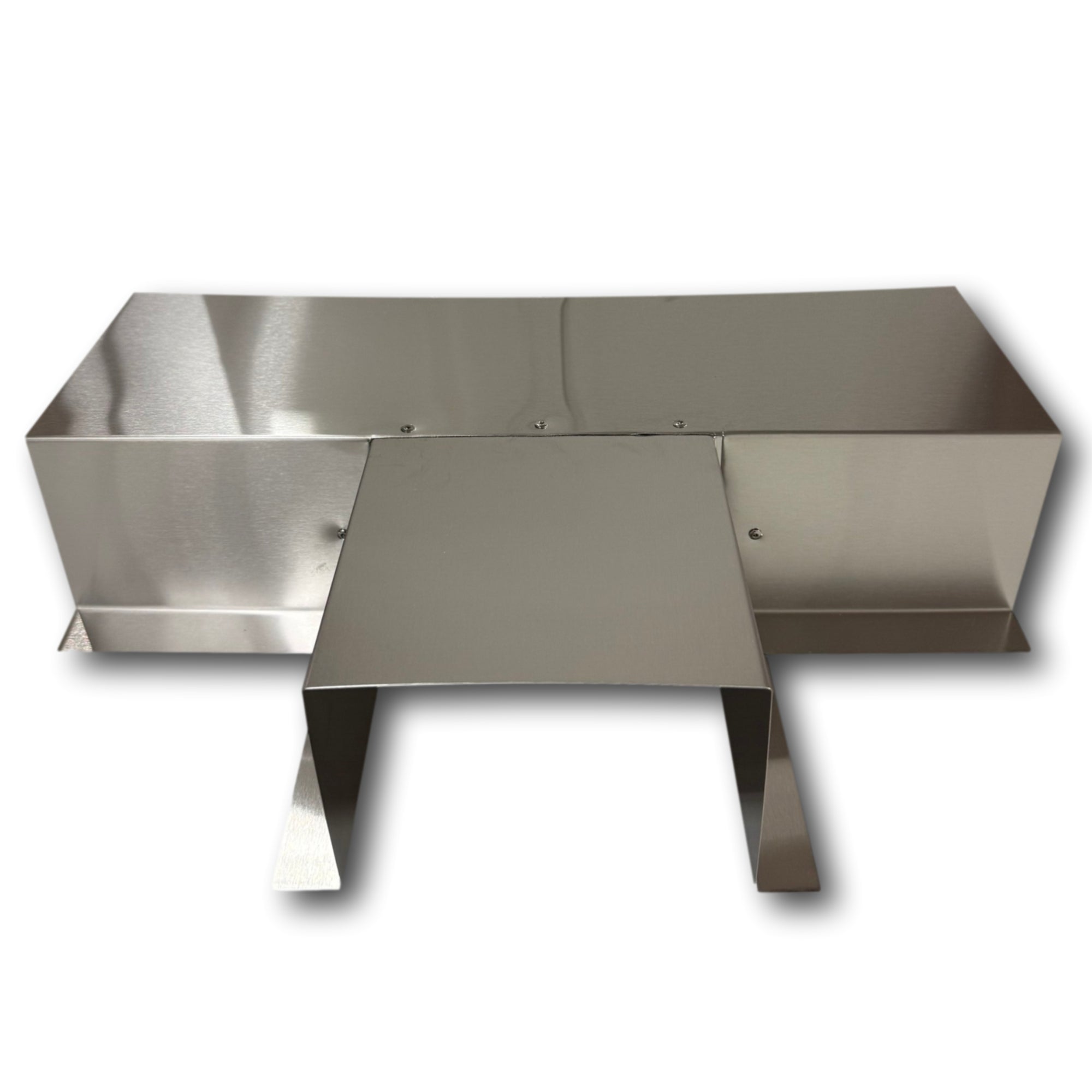 A PermaCover Metal HVAC Line Set Cover T-Joint Connector that is made to attach to exterior walls to cover existing HVAC line sets. The elbow cover is made from 26 Gauge Stainless Steel. 