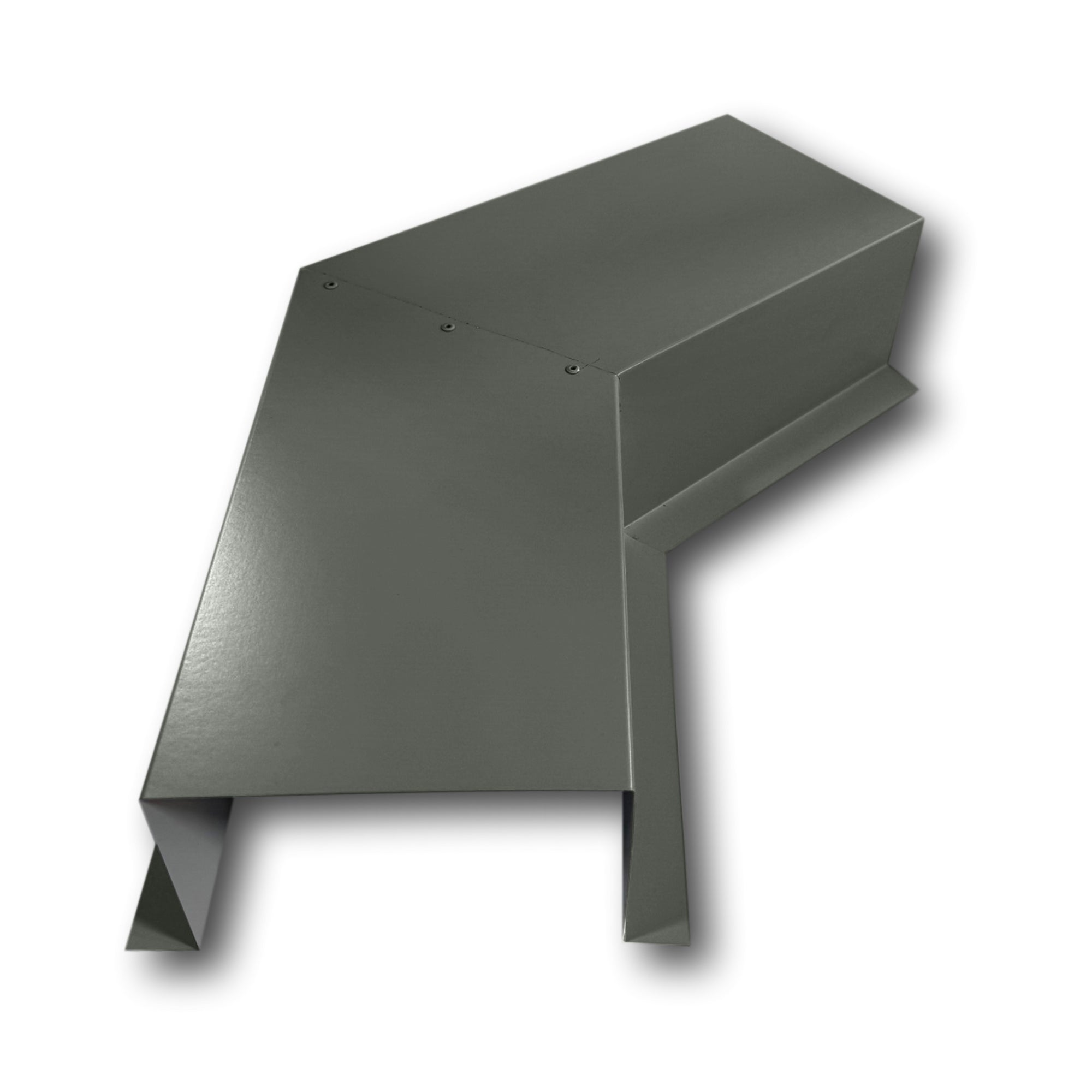 A PermaCover Metal HVAC Line Set Cover 45° Side Turning Elbow that is made to attach to exterior walls to cover existing HVAC line sets. The elbow is made from 24 Gauge Painted Steel and is Musket Gray in color. 