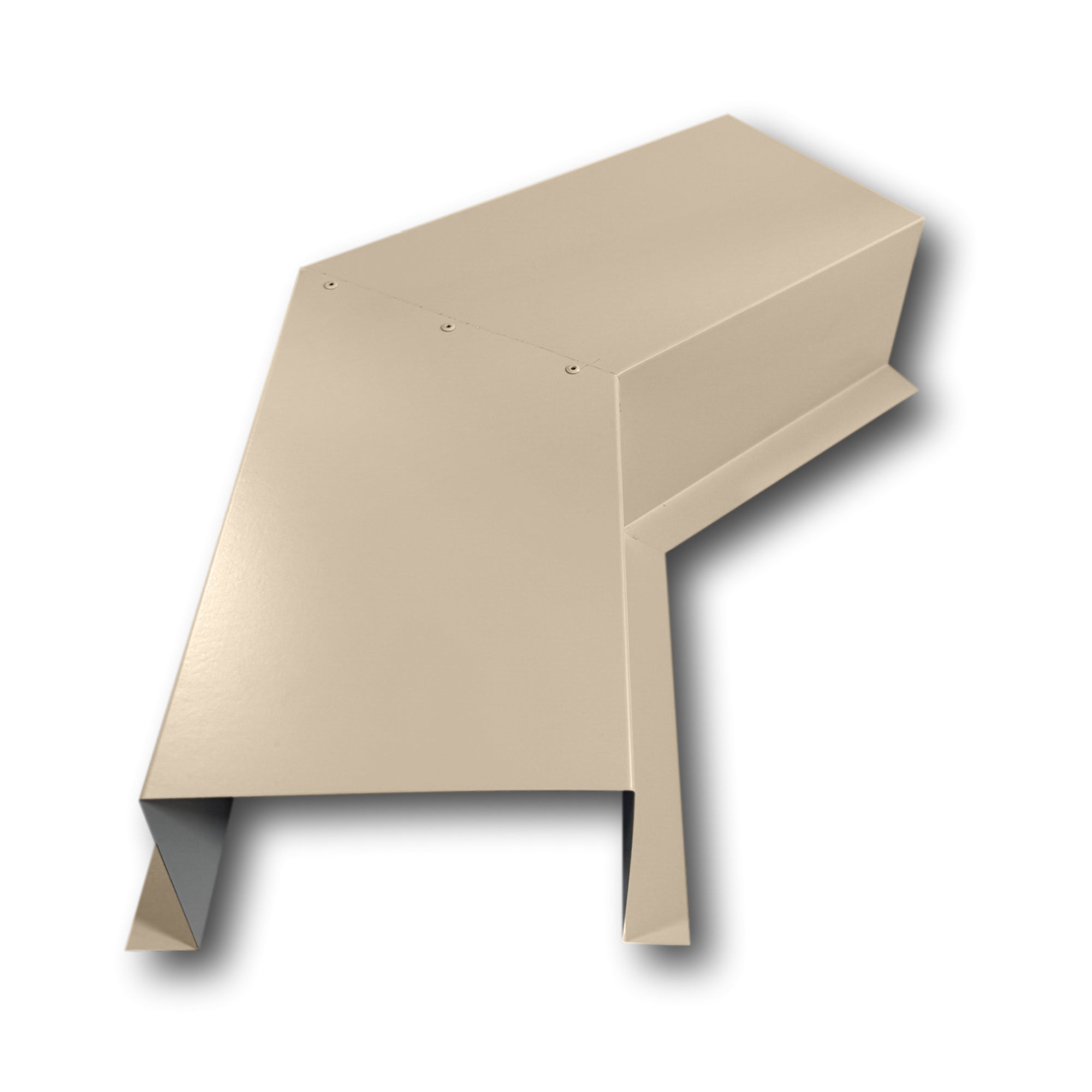 A PermaCover Metal HVAC Line Set Cover 45° Side Turning Elbow that is made to attach to exterior walls to cover existing HVAC line sets. The elbow is made from 24 Gauge Painted Steel and is Sierra Tan in color. 