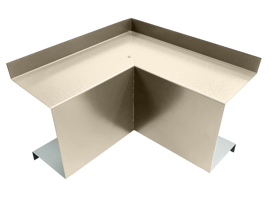 A PermaCover Metal HVAC Line Set Cover Inside Corner Elbow that is made to attach to exterior walls to cover existing HVAC line sets. The elbow cover is Almond in color. 