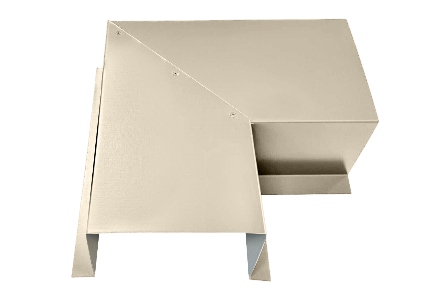 A PermaCover Metal HVAC Line Set Cover 90° Side Turning Elbow that is made to attach to exterior walls to cover existing HVAC line sets. The elbow cover is Almond in color. 