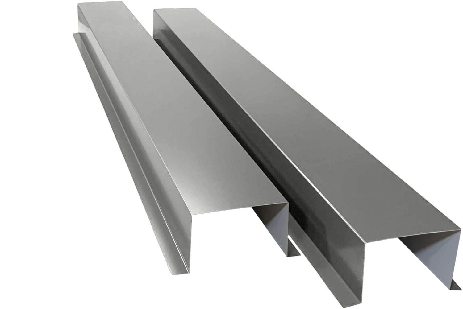 A PermaCover Metal HVAC Line Ste Cover Kit that consists of two 5 foot long sections. The covers telescope together and attach to exterior walls to cover existing HVAC line sets. The cover is Ash Gray in color. 