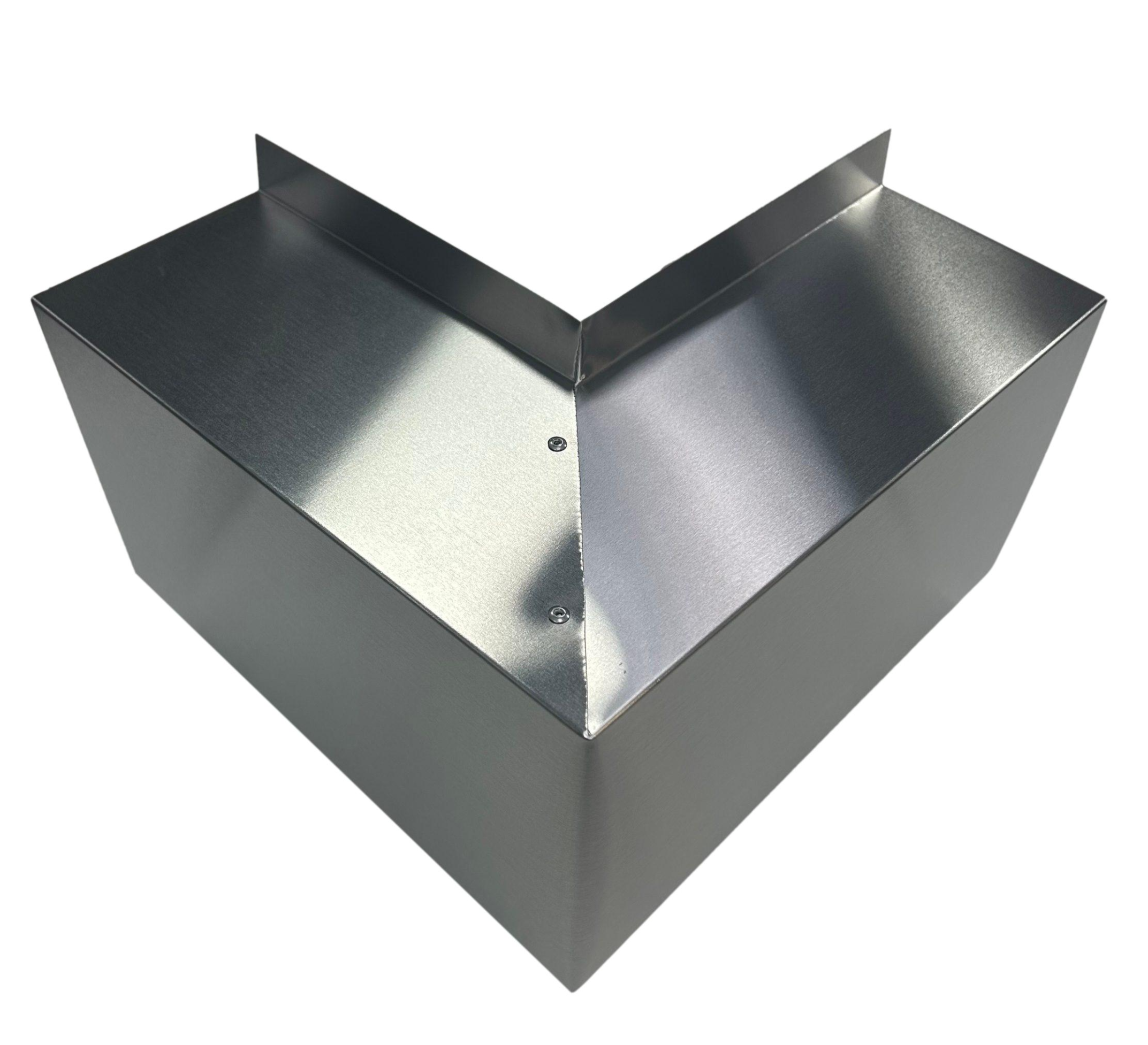 A PermaCover Metal HVAC Line Set Cover Outside Corner Elbow that is made to attach to exterior walls to cover existing HVAC line sets. The elbow cover is made from 22 Gauge Bare Aluminum. 