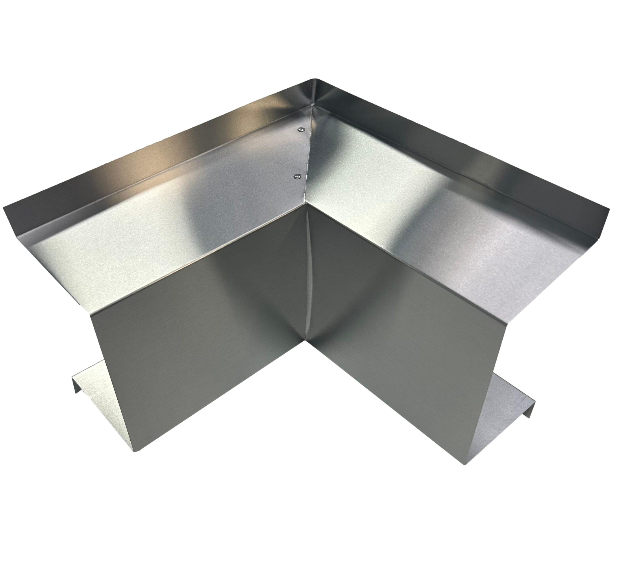 A PermaCover Metal HVAC Line Set Cover Inside Corner Elbow that is made to attach to exterior walls to cover existing HVAC line sets. The elbow cover is made from 22 Gauge Galvanized Steel metal. 