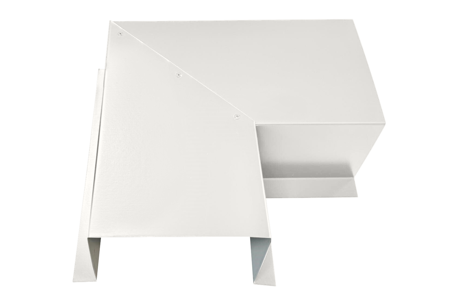 A PermaCover Metal HVAC Line Set Cover 90° Side Turning Elbow that is made to attach to exterior walls to cover existing HVAC line sets. The elbow cover is Bone White in color. 