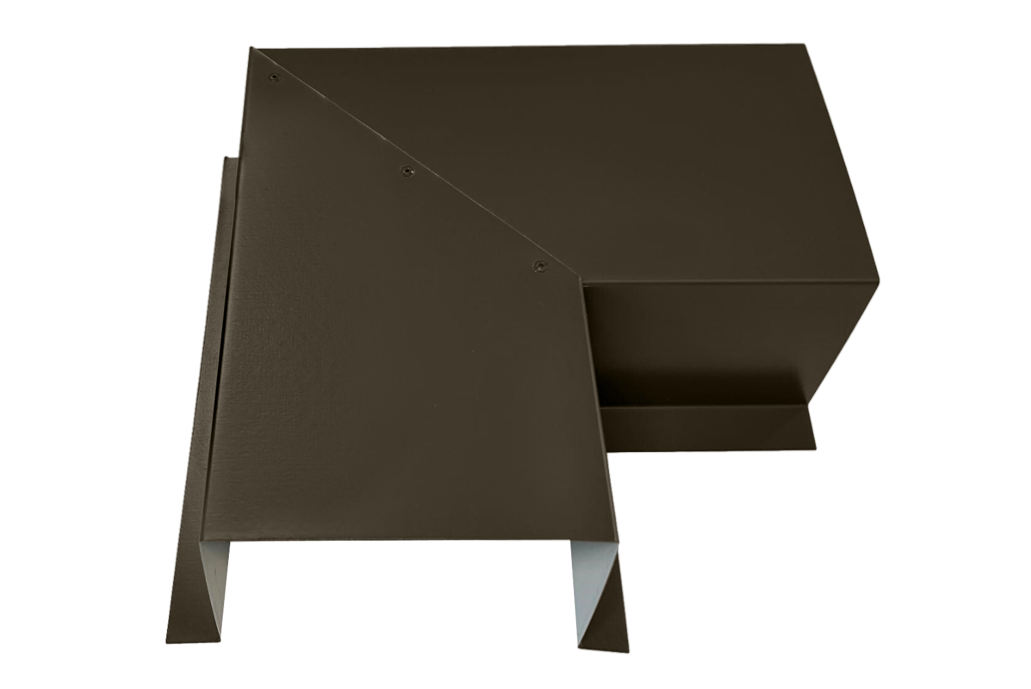 A PermaCover Metal HVAC Line Set Cover 90° Side Turning Elbow that is made to attach to exterior walls to cover existing HVAC line sets. The elbow cover is Burnished Slate in color. 