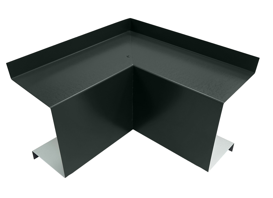 A PermaCover Metal HVAC Line Set Cover Inside Corner Elbow that is made to attach to exterior walls to cover existing HVAC line sets. The elbow cover is Charcoal Gray in color. 