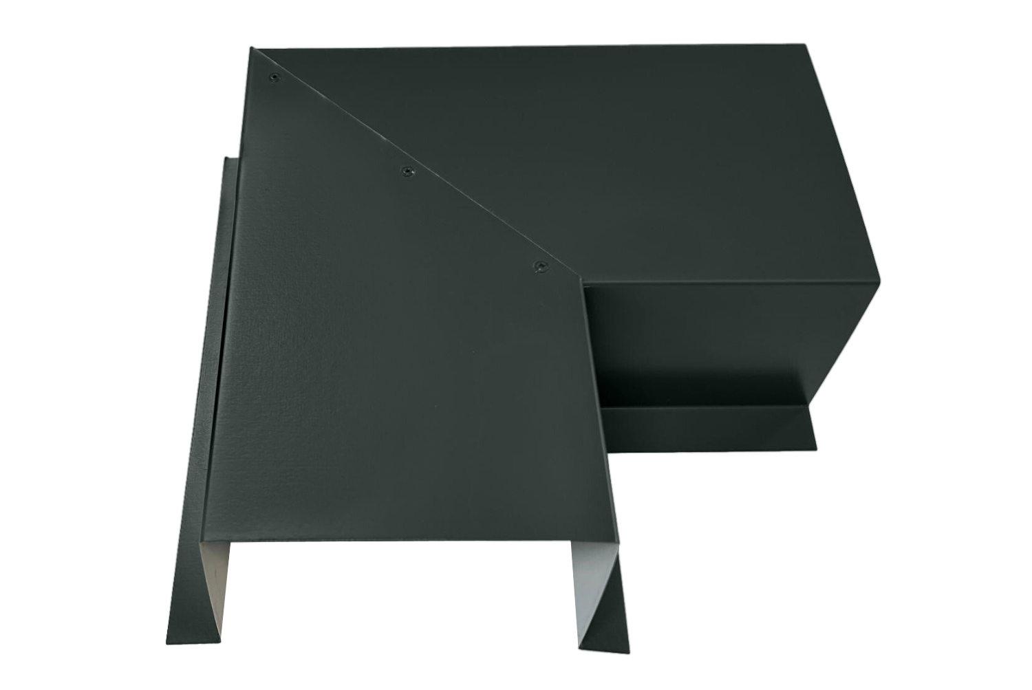 A PermaCover Metal HVAC Line Set Cover 90° Side Turning Elbow that is made to attach to exterior walls to cover existing HVAC line sets. The elbow cover is Charcoal Gray in color. 