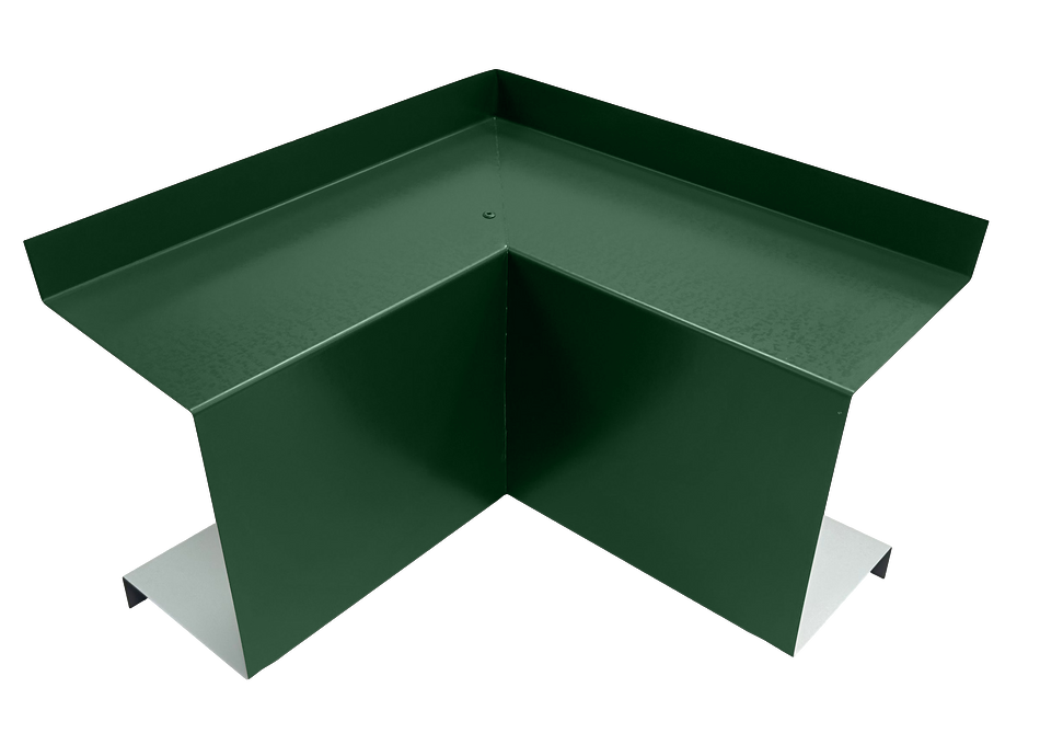 A PermaCover Metal HVAC Line Set Cover Inside Corner Elbow that is made to attach to exterior walls to cover existing HVAC line sets. The elbow cover is Classic Green in color. 